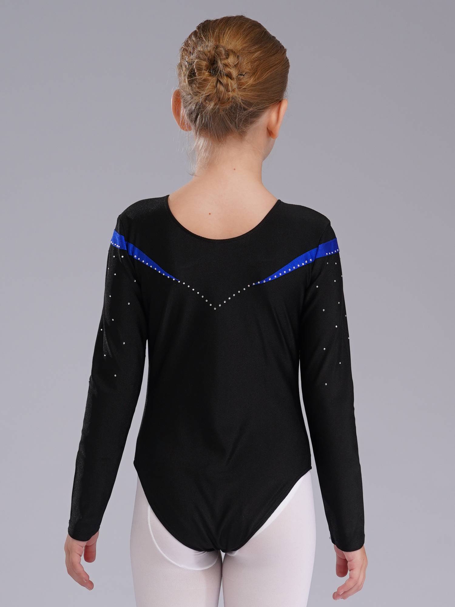 Kids Girls Long Sleeve V Neck Rhinestone Gymnastic Leotard