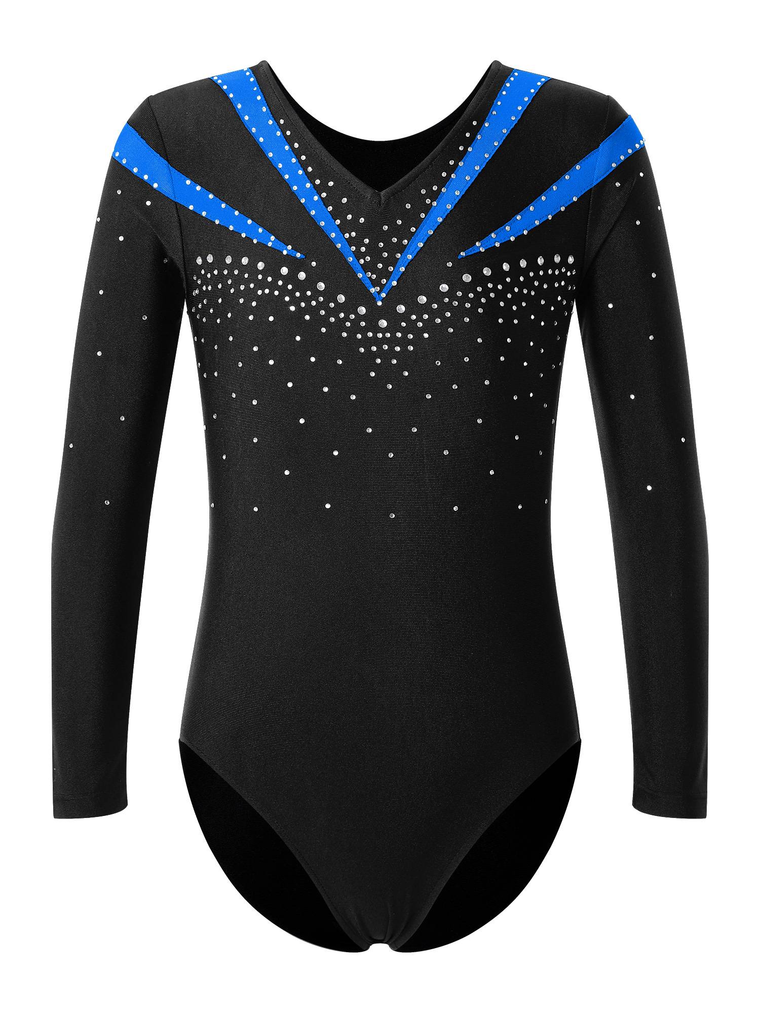 Kids Girls Long Sleeve V Neck Rhinestone Gymnastic Leotard