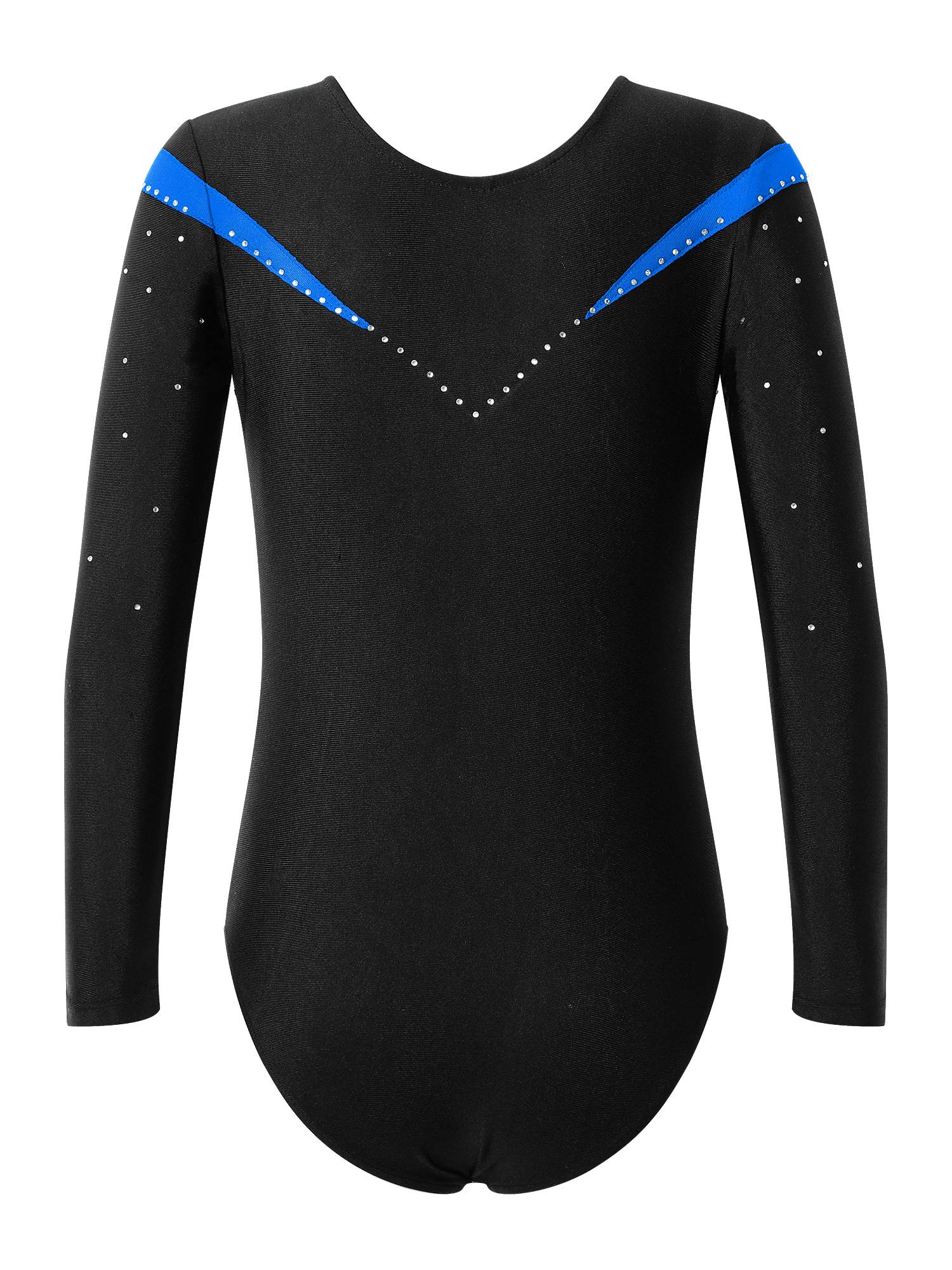 Kids Girls Long Sleeve V Neck Rhinestone Gymnastic Leotard