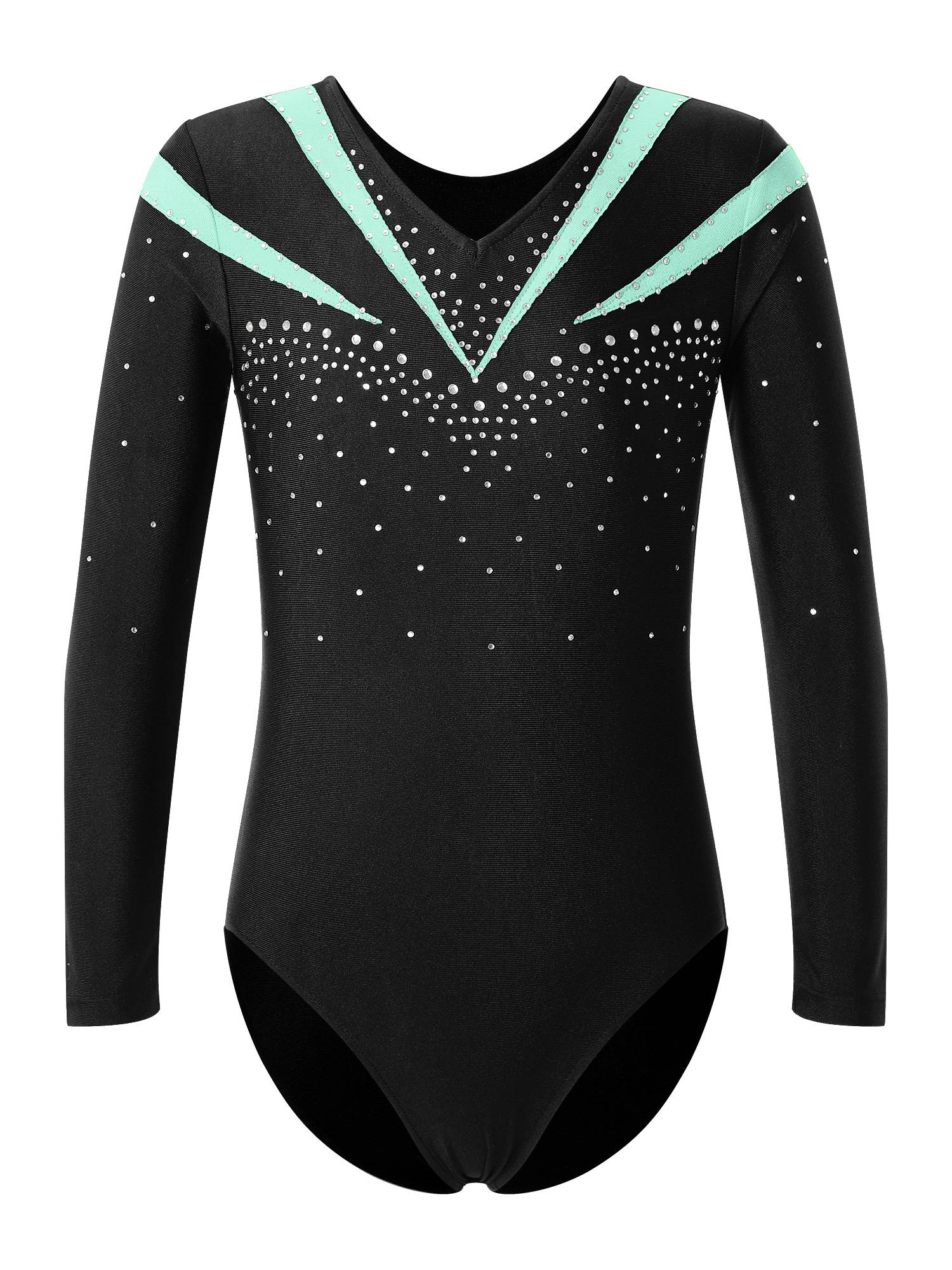 Kids Girls Long Sleeve V Neck Rhinestone Gymnastic Leotard