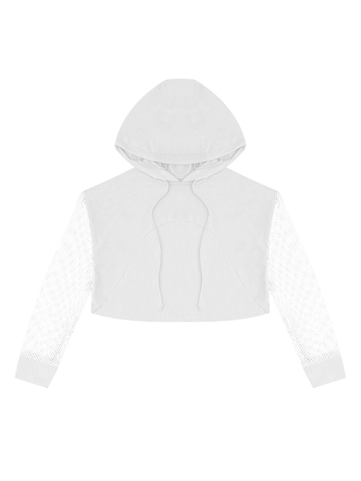 Kids Girls Drawstring Hooded Crop Top Mesh Sleeve Hoodie