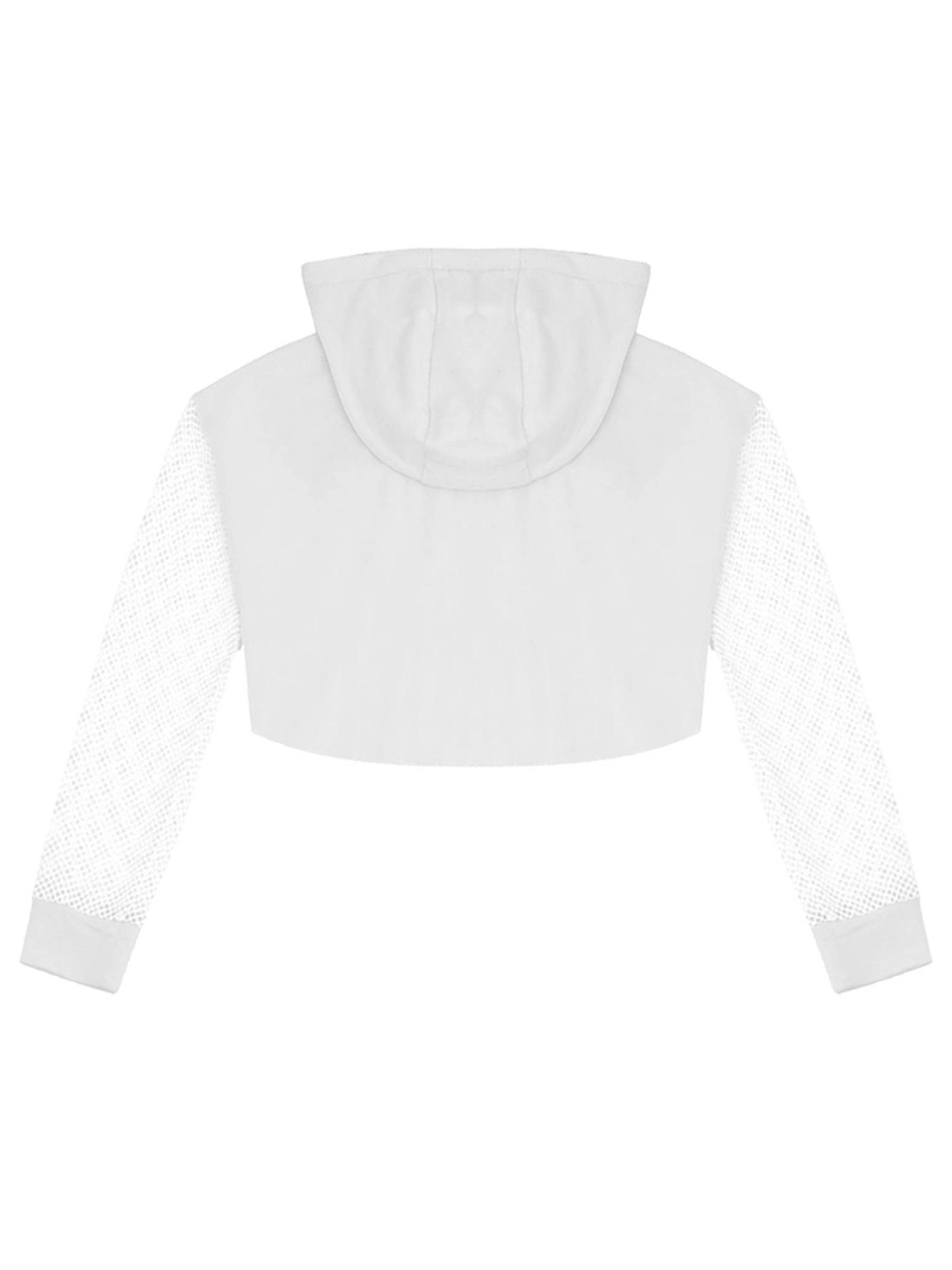 Kids Girls Drawstring Hooded Crop Top Mesh Sleeve Hoodie