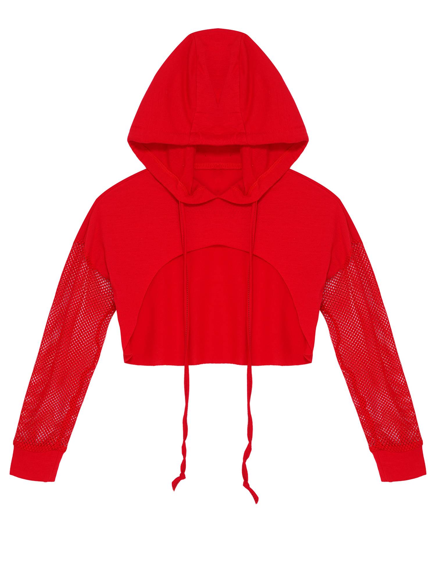 Kids Girls Drawstring Hooded Crop Top Mesh Sleeve Hoodie