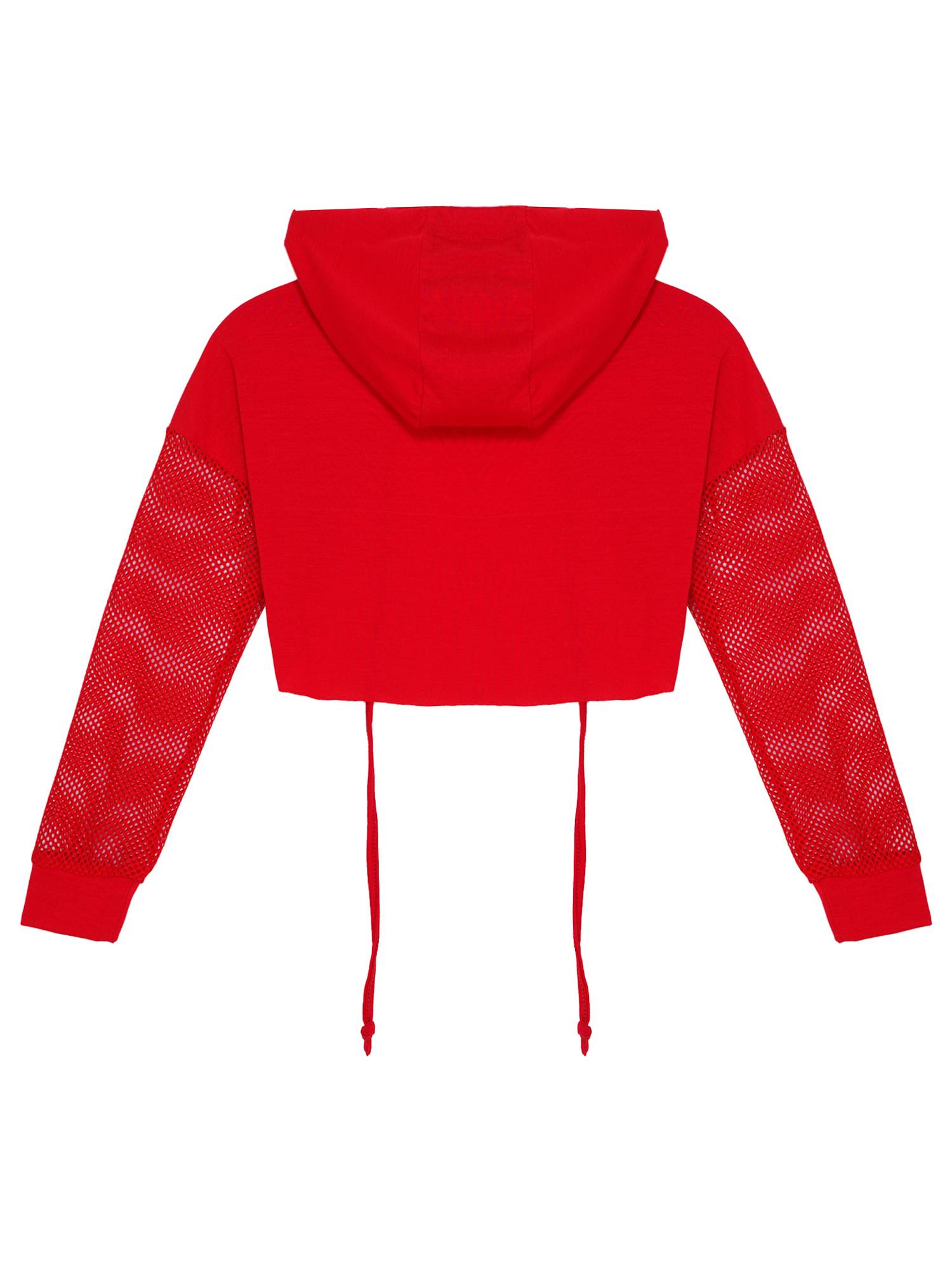 Kids Girls Drawstring Hooded Crop Top Mesh Sleeve Hoodie