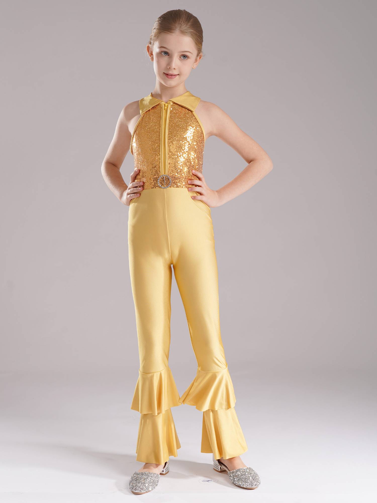 Kids Girls Sleeveless Sequins Tiered Bell-bottom Jazz Dance Unitards