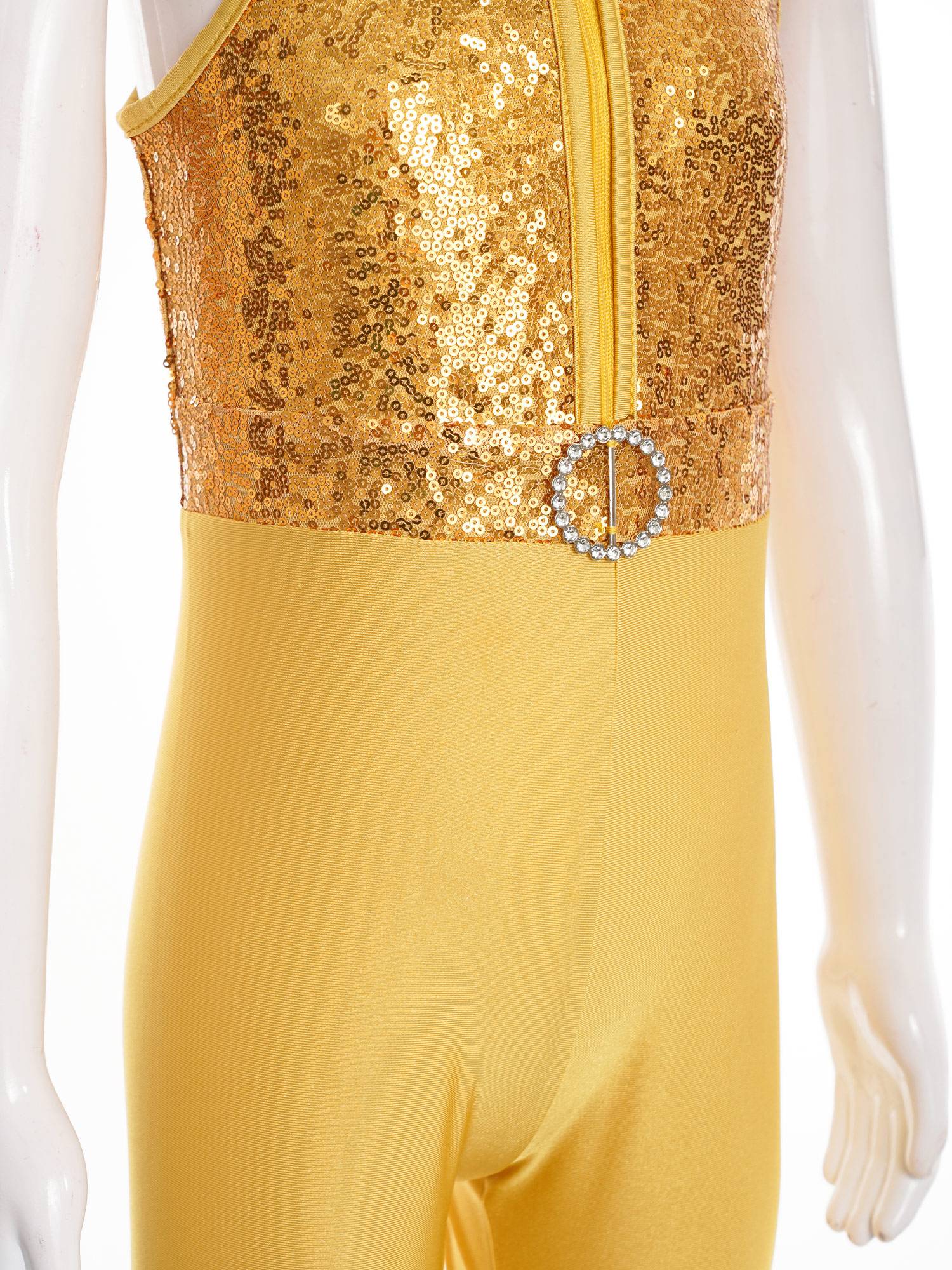 Kids Girls Sleeveless Sequins Tiered Bell-bottom Jazz Dance Unitards