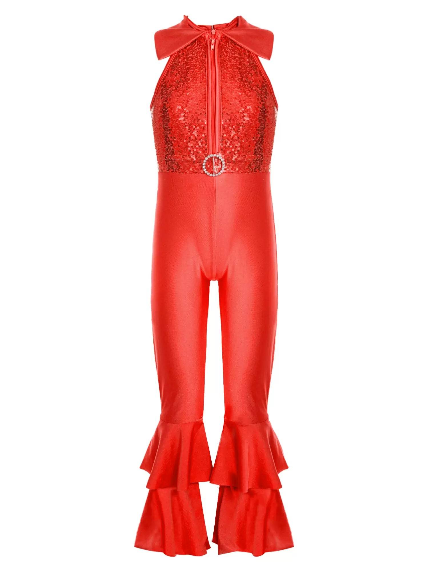 Kids Girls Sleeveless Sequins Tiered Bell-bottom Jazz Dance Unitards