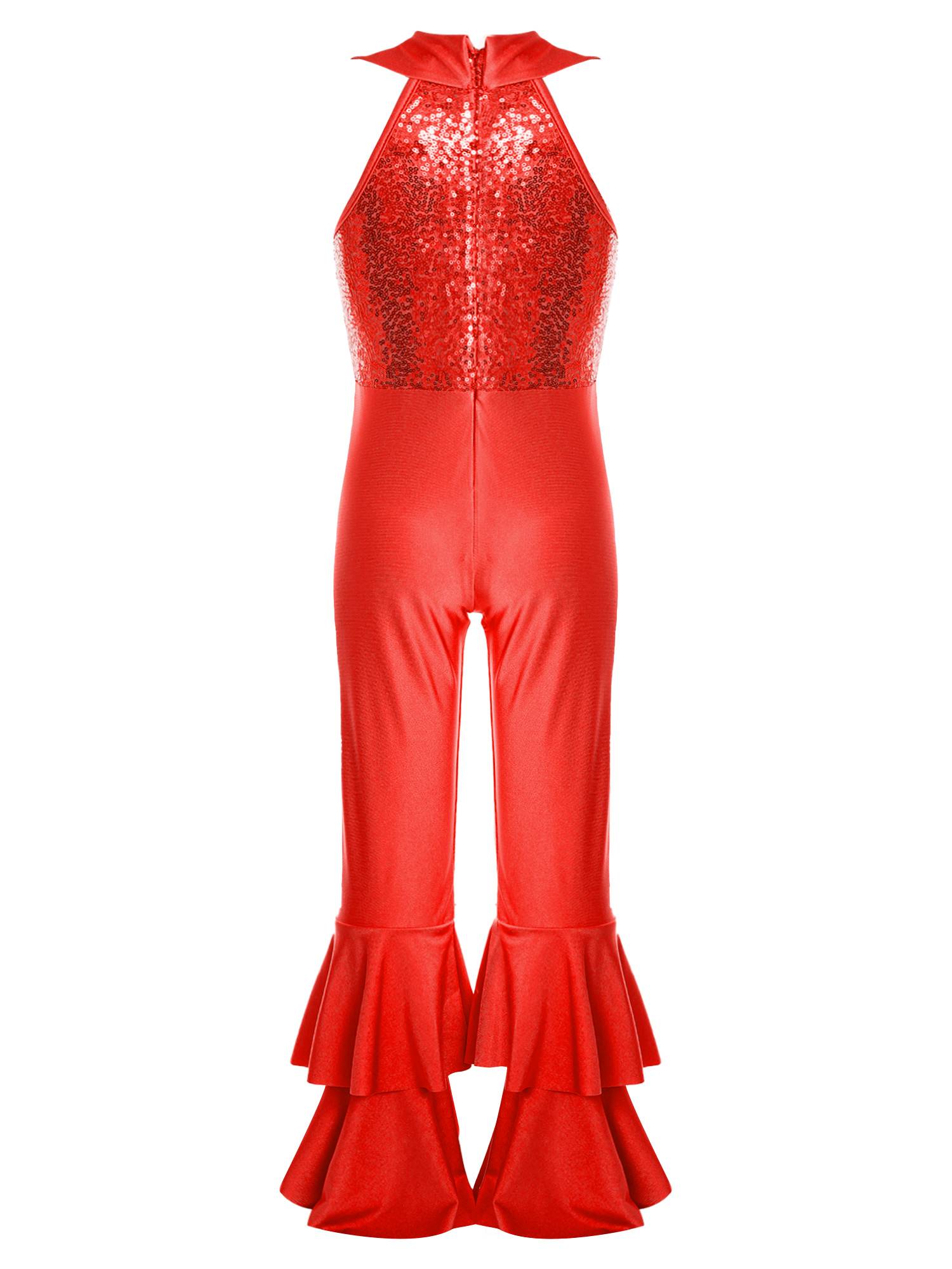 Kids Girls Sleeveless Sequins Tiered Bell-bottom Jazz Dance Unitards