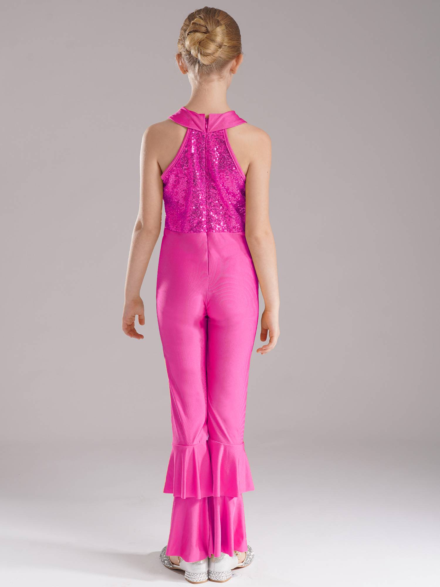 Kids Girls Sleeveless Sequins Tiered Bell-bottom Jazz Dance Unitards