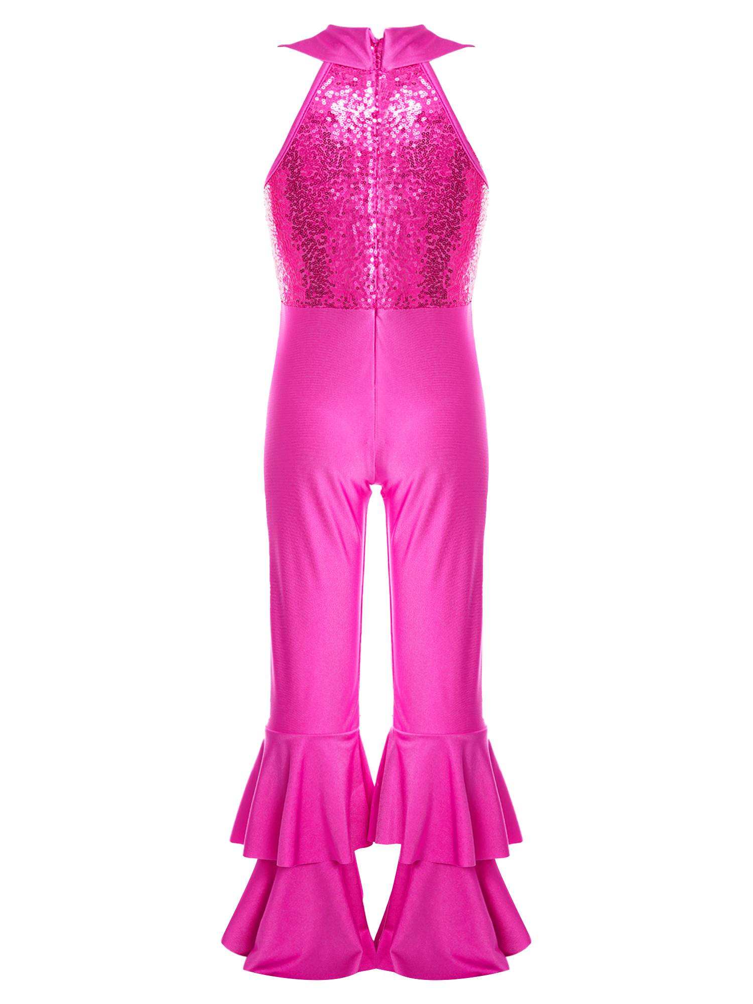 Kids Girls Sleeveless Sequins Tiered Bell-bottom Jazz Dance Unitards