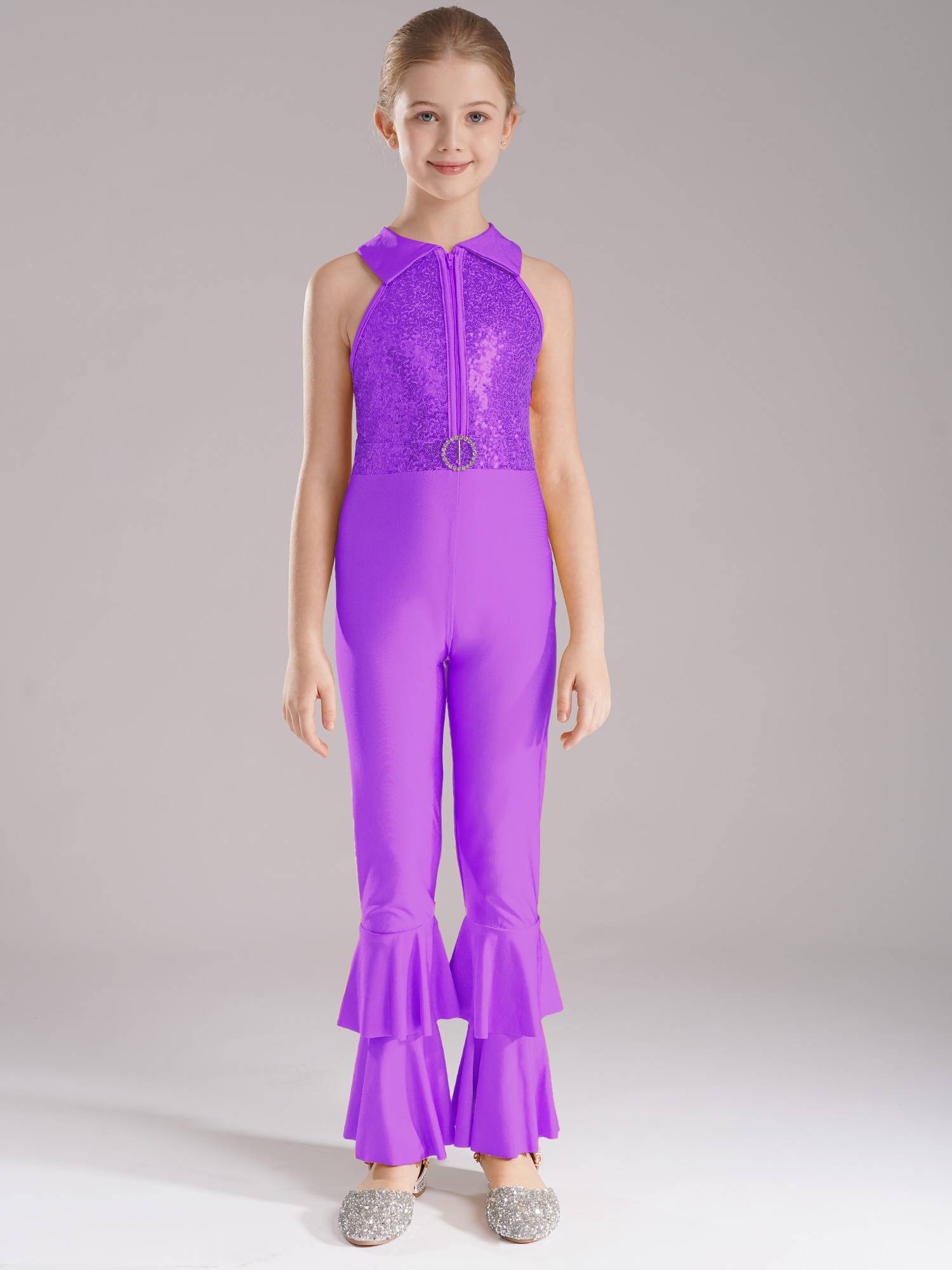 Kids Girls Sleeveless Sequins Tiered Bell-bottom Jazz Dance Unitards