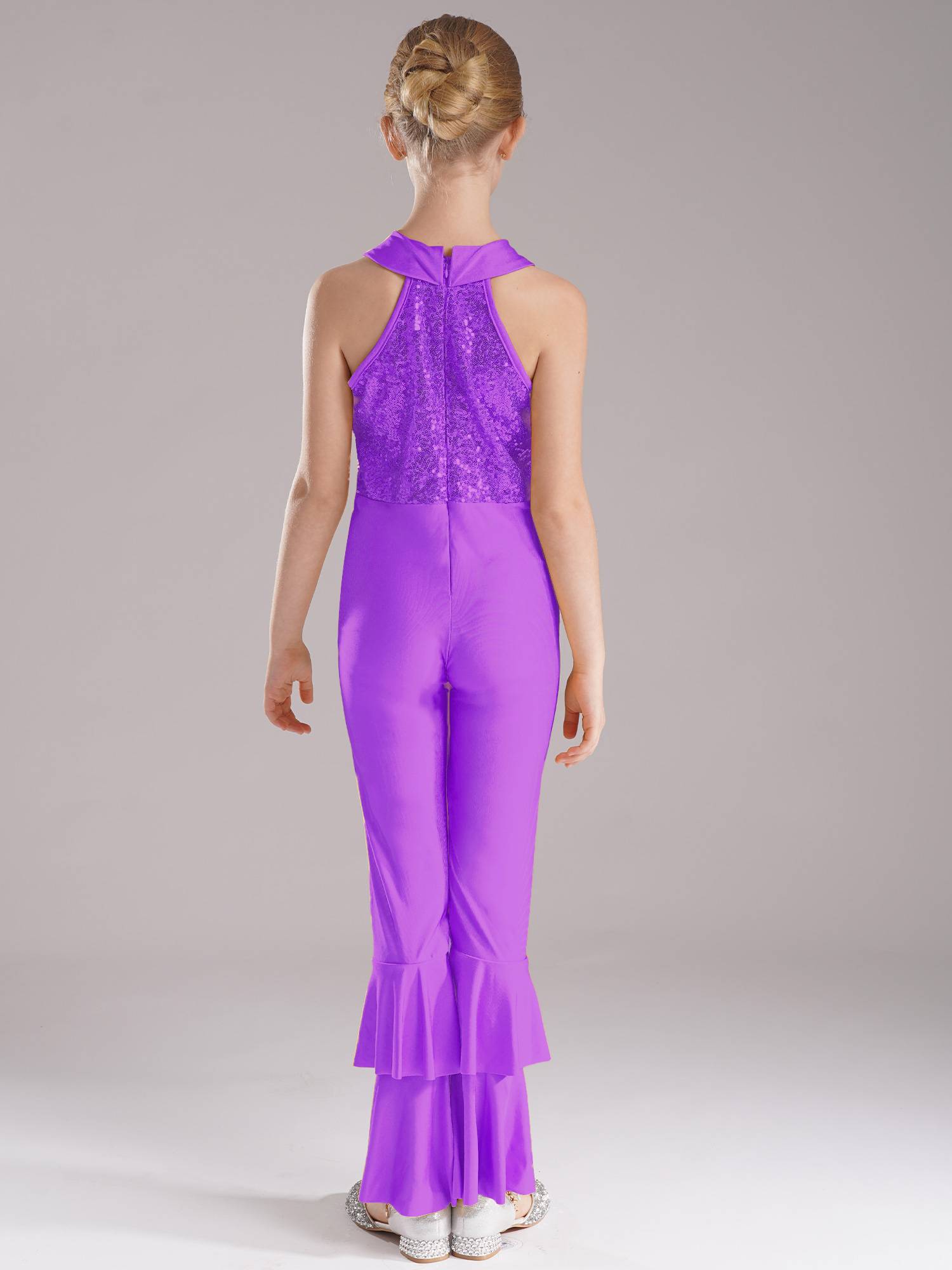 Kids Girls Sleeveless Sequins Tiered Bell-bottom Jazz Dance Unitards