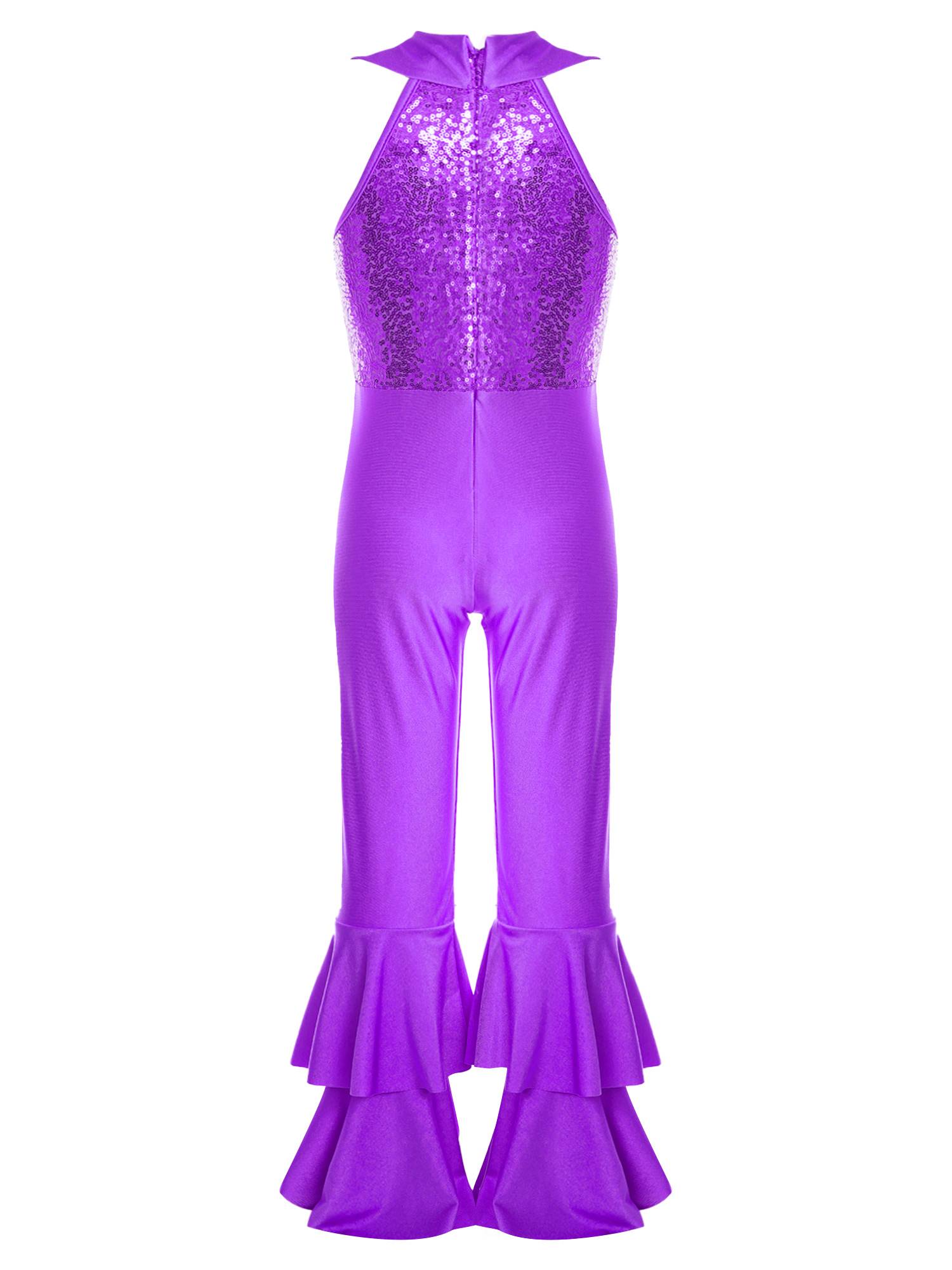 Kids Girls Sleeveless Sequins Tiered Bell-bottom Jazz Dance Unitards