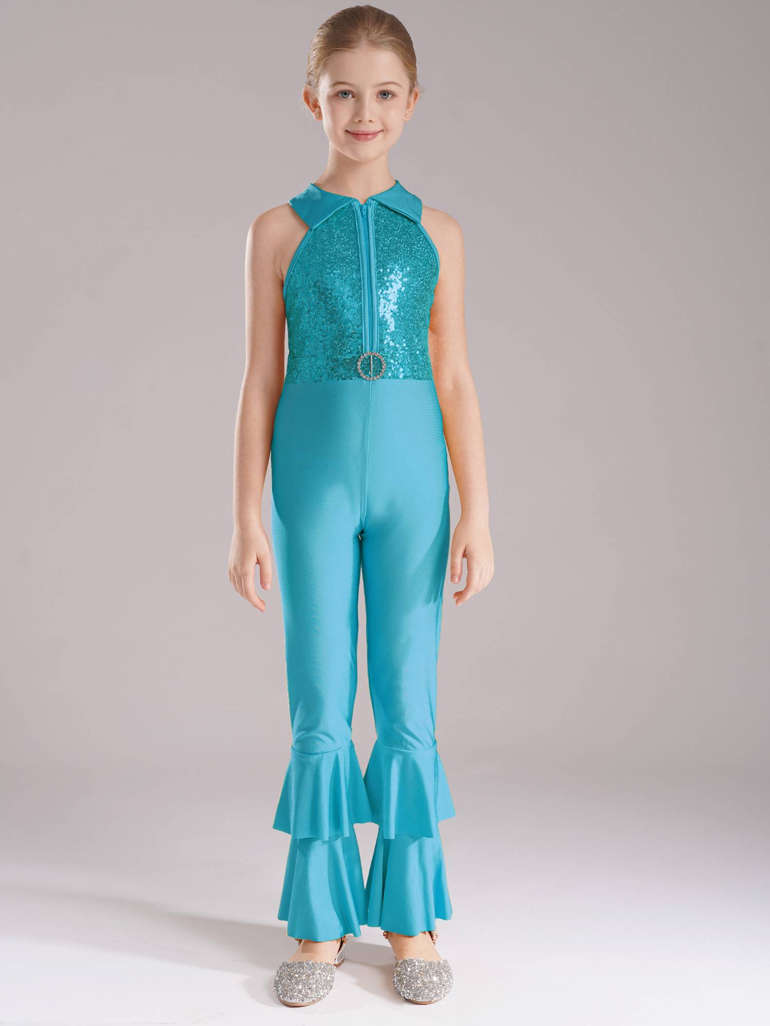 Kids Girls Sleeveless Sequins Tiered Bell-bottom Jazz Dance Unitards