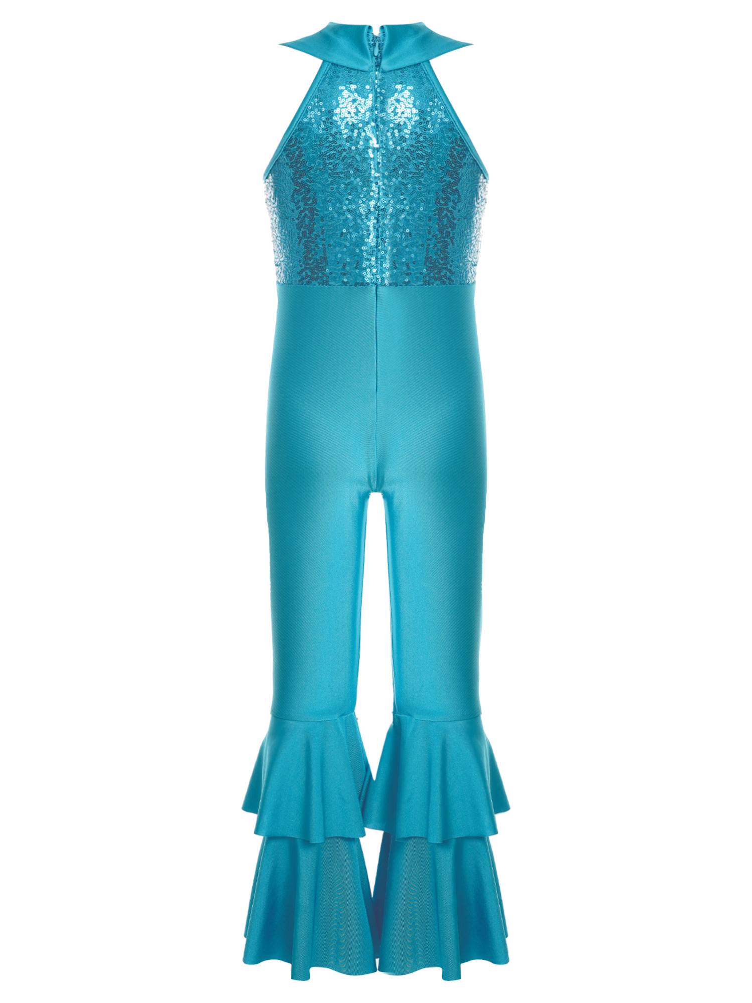 Kids Girls Sleeveless Sequins Tiered Bell-bottom Jazz Dance Unitards