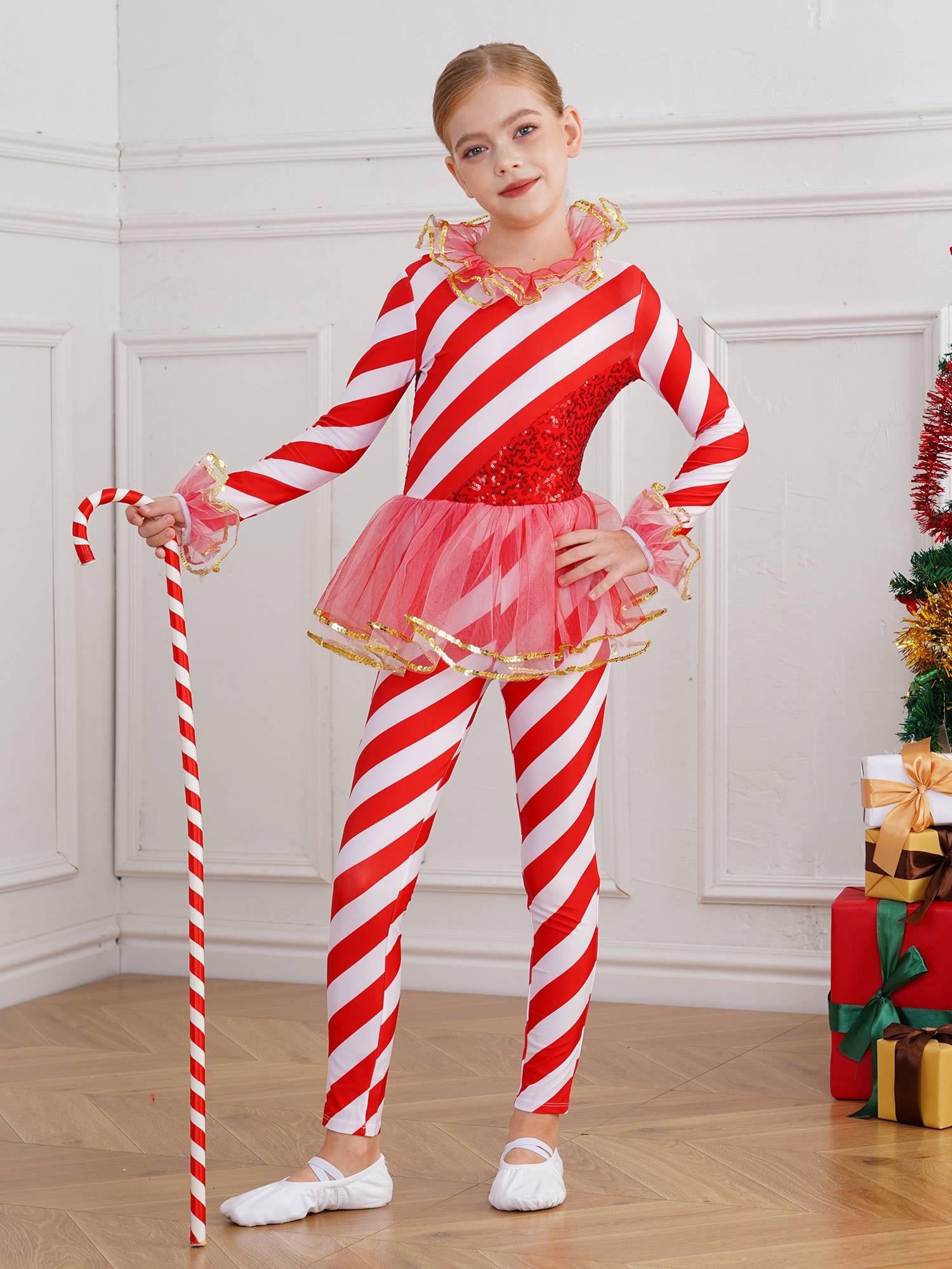 Kids Girls Christmas Long Sleeve Sequin Stripe Mesh Jumpsuit