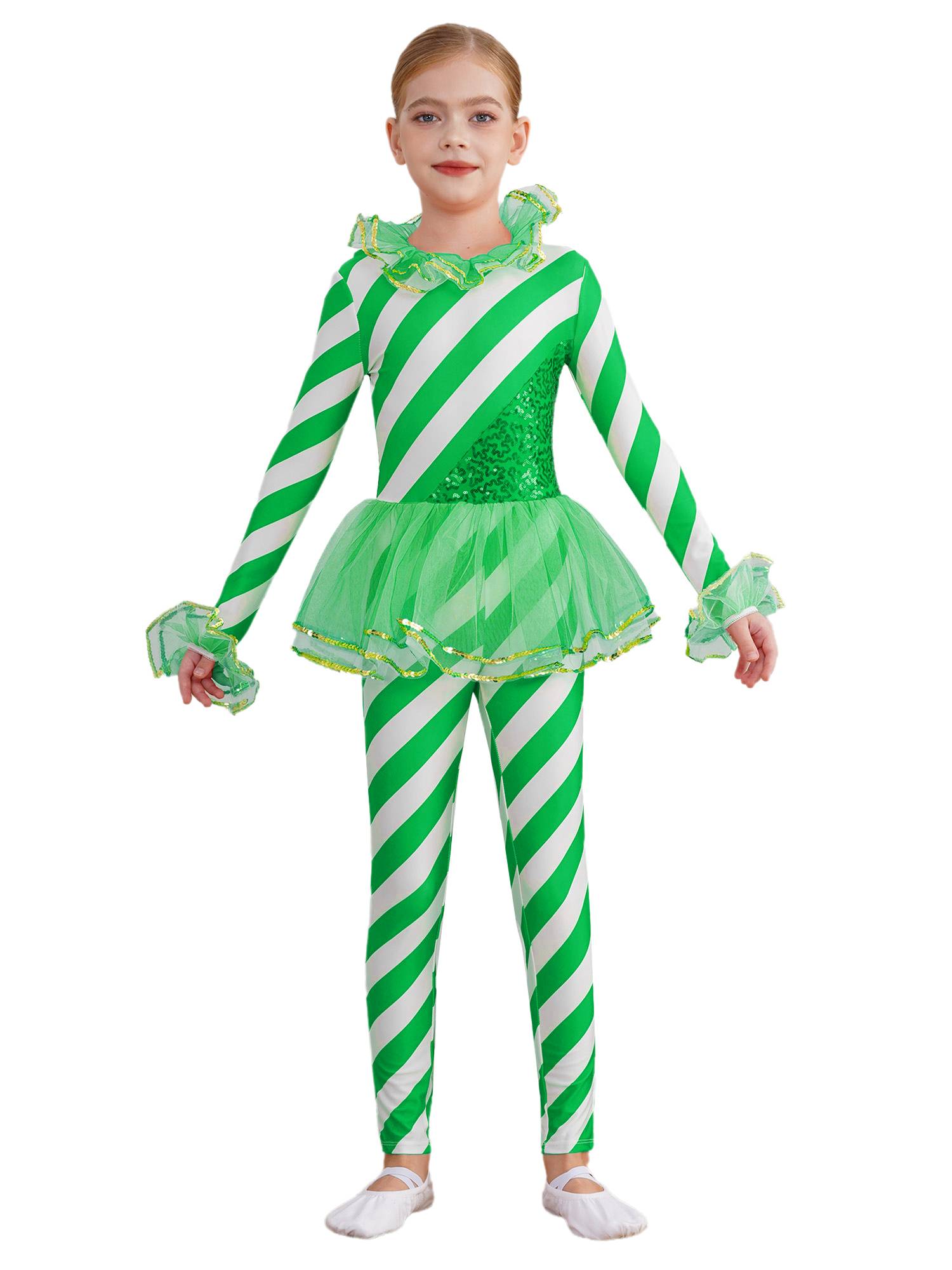 Kids Girls Christmas Long Sleeve Sequin Stripe Mesh Jumpsuit