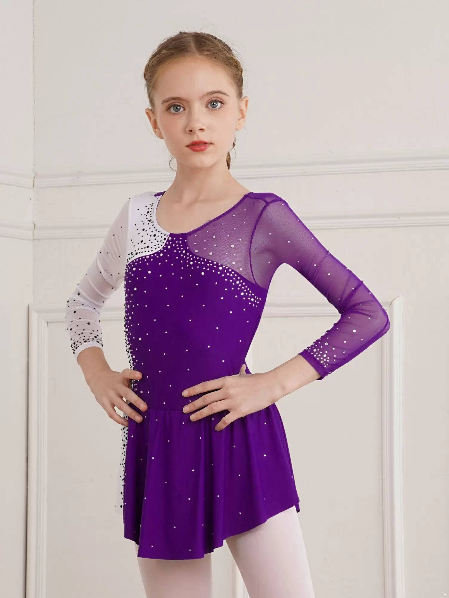 Kids Girls Shiny Rhinestone Colorblock Skating Dance Dress