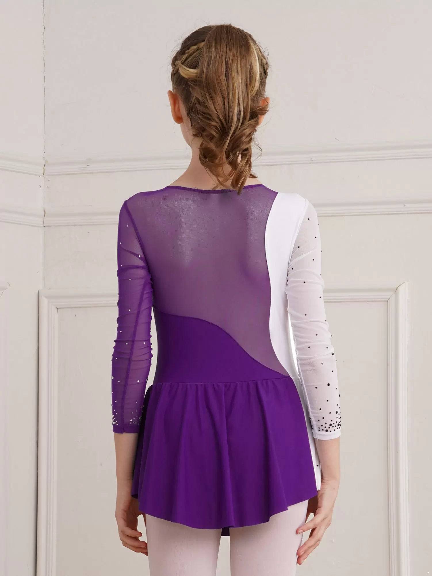 Kids Girls Shiny Rhinestone Colorblock Skating Dance Dress