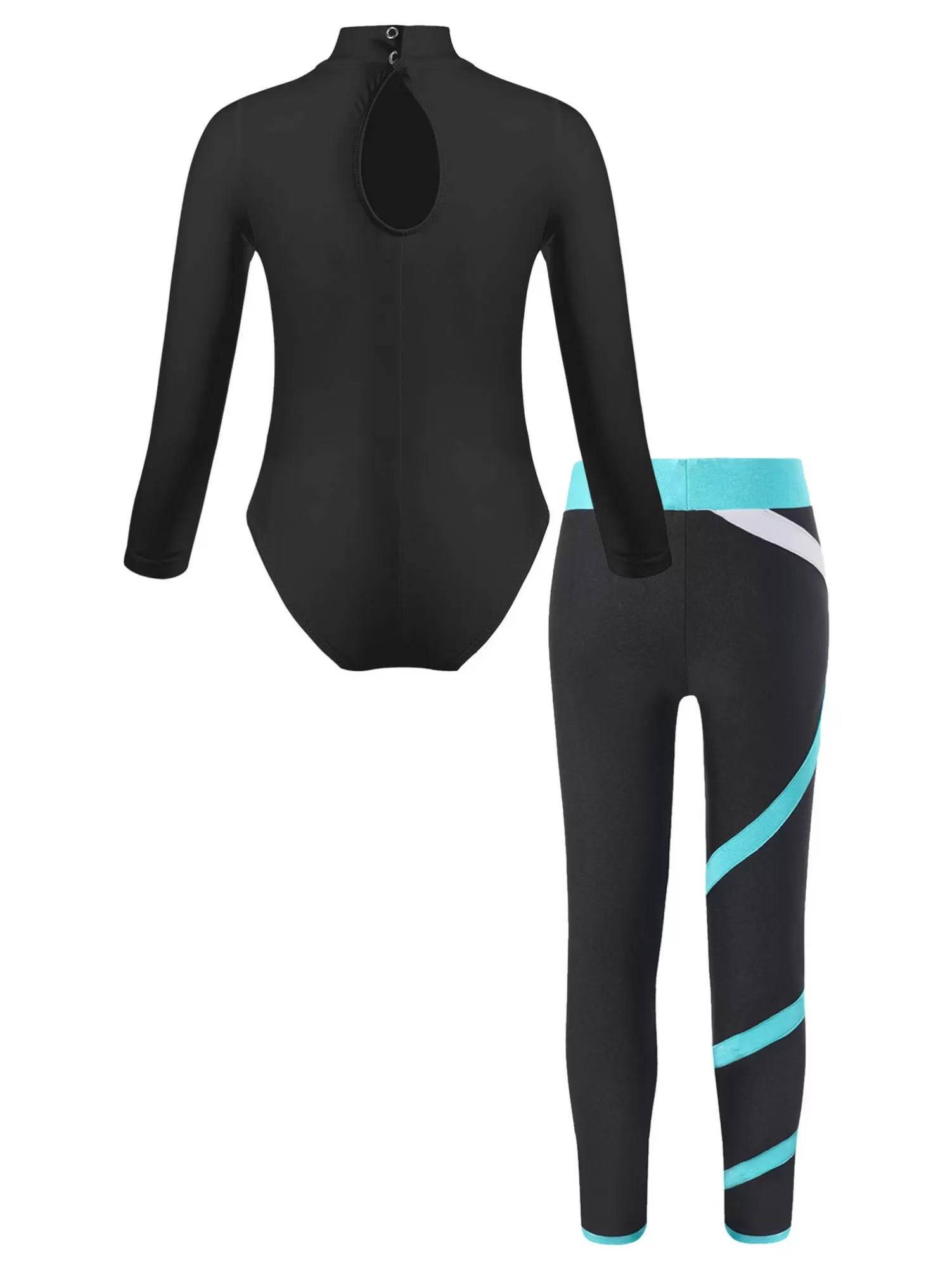 Kids Girls Long Sleeve Leotard with Leggings Sport Sets