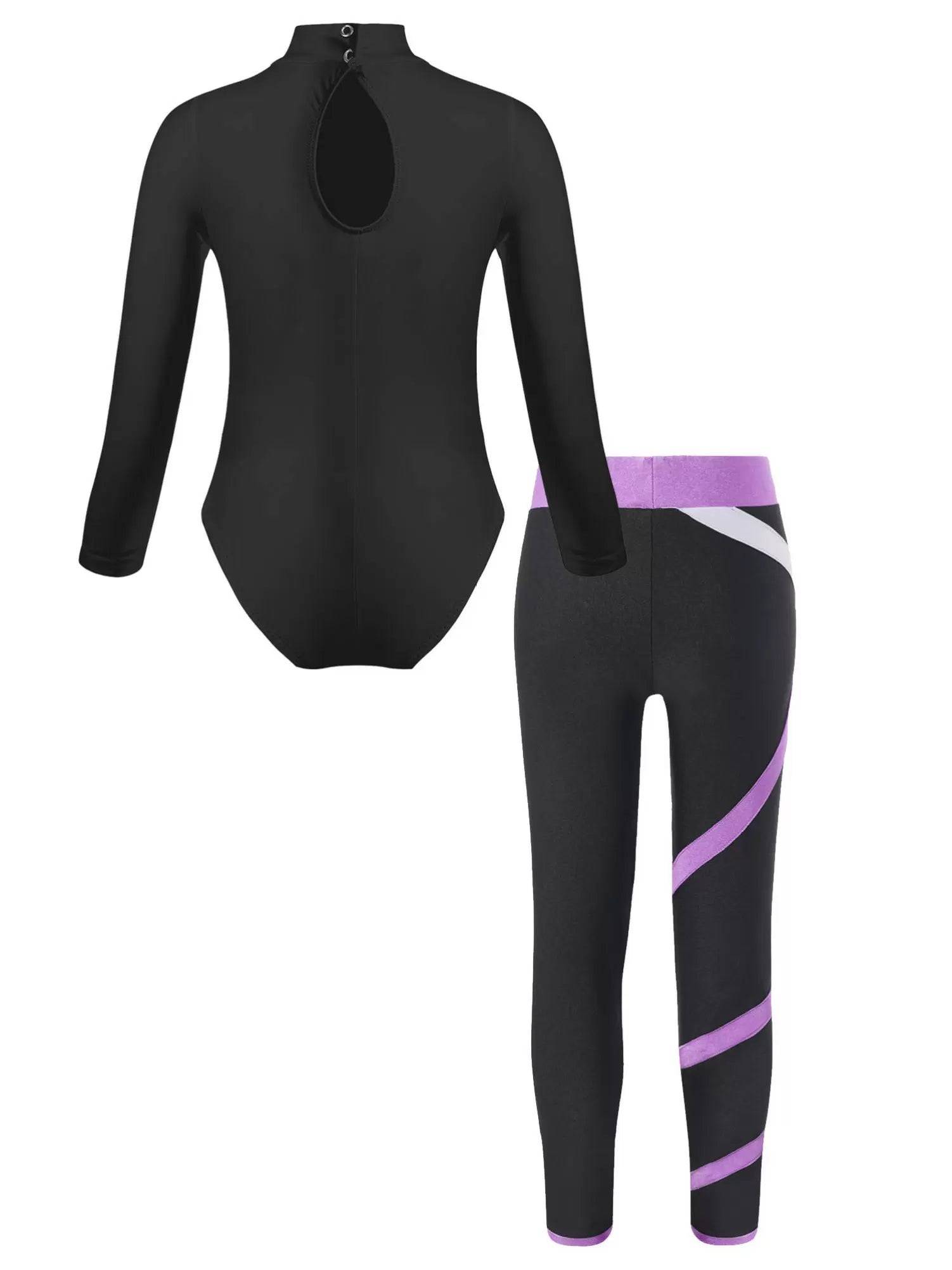 Kids Girls Long Sleeve Leotard with Leggings Sport Sets
