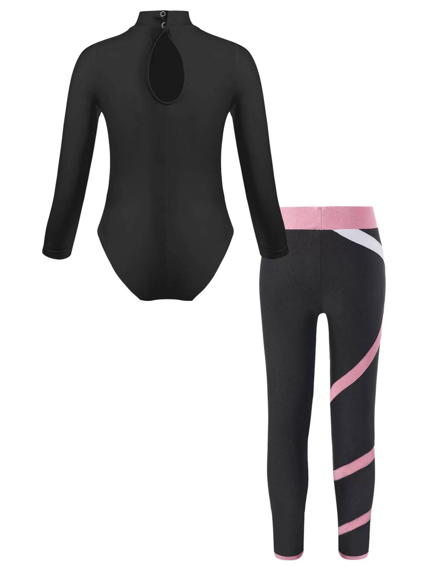 Kids Girls Long Sleeve Leotard with Leggings Sport Sets