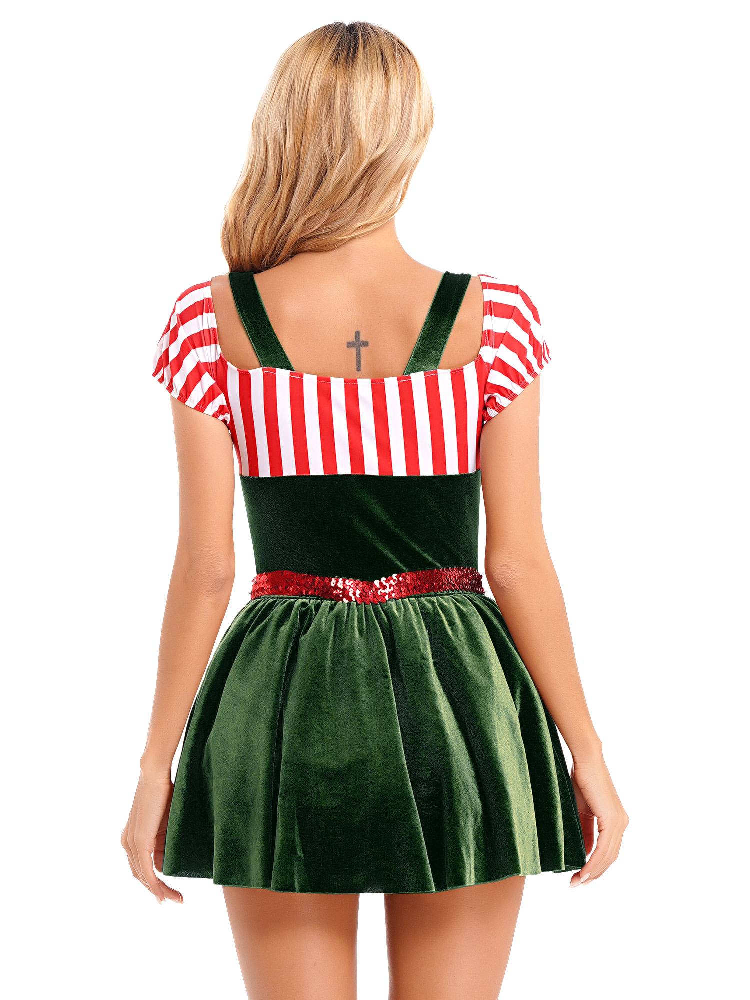 Women Short Sleeve Stripe Velvet Off the Shoulder Christmas Costume Dress