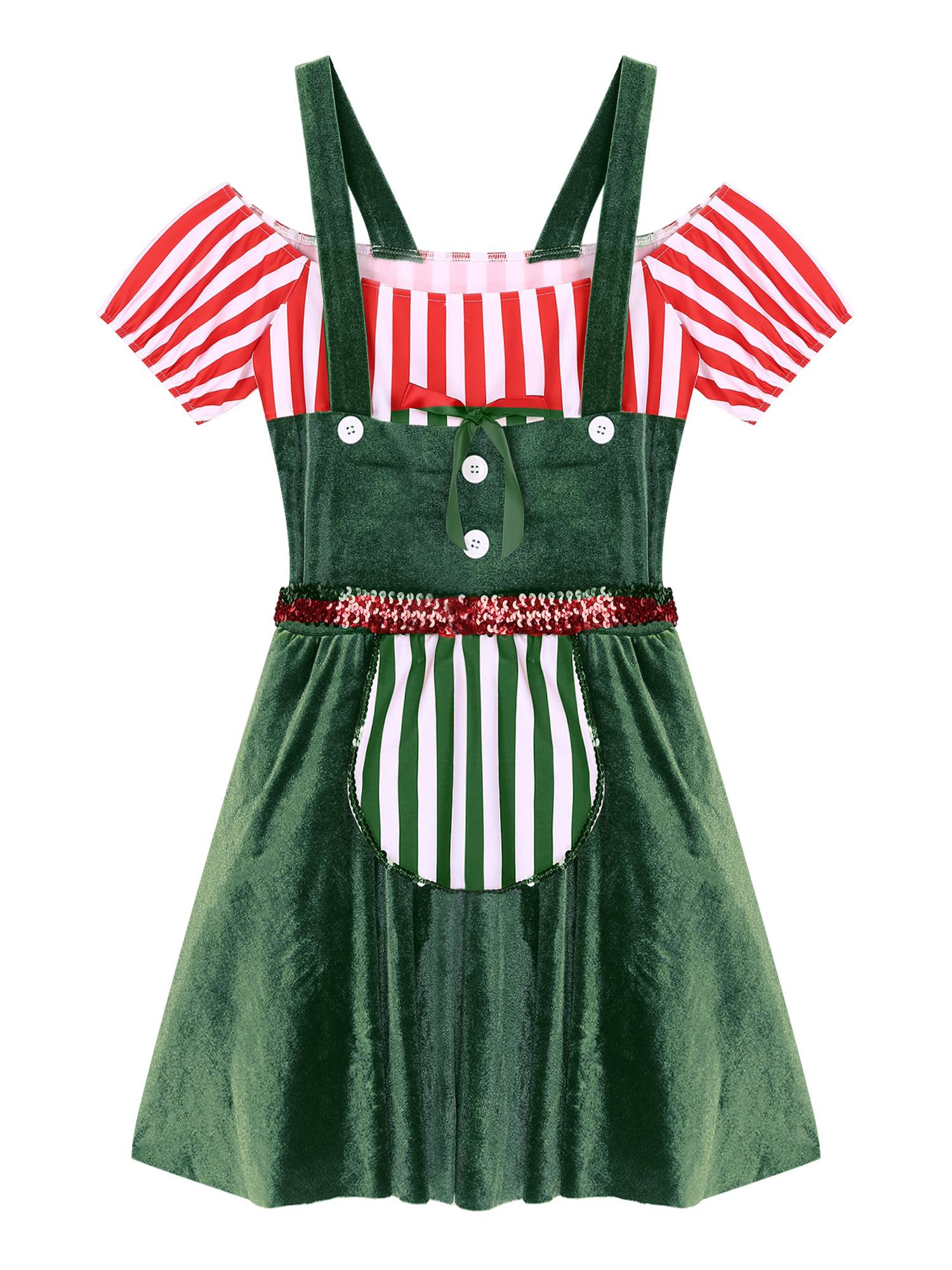 Women Short Sleeve Stripe Velvet Off the Shoulder Christmas Costume Dress