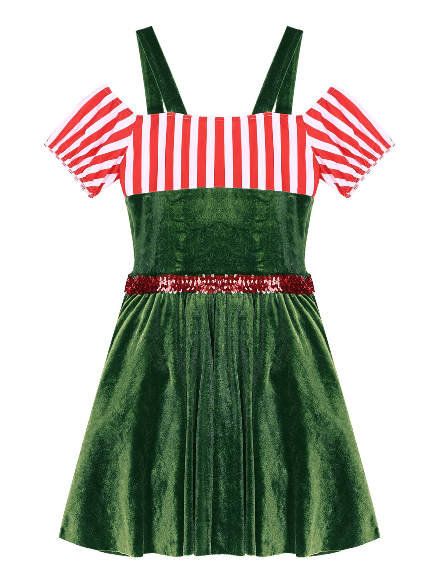 Women Short Sleeve Stripe Velvet Off the Shoulder Christmas Costume Dress