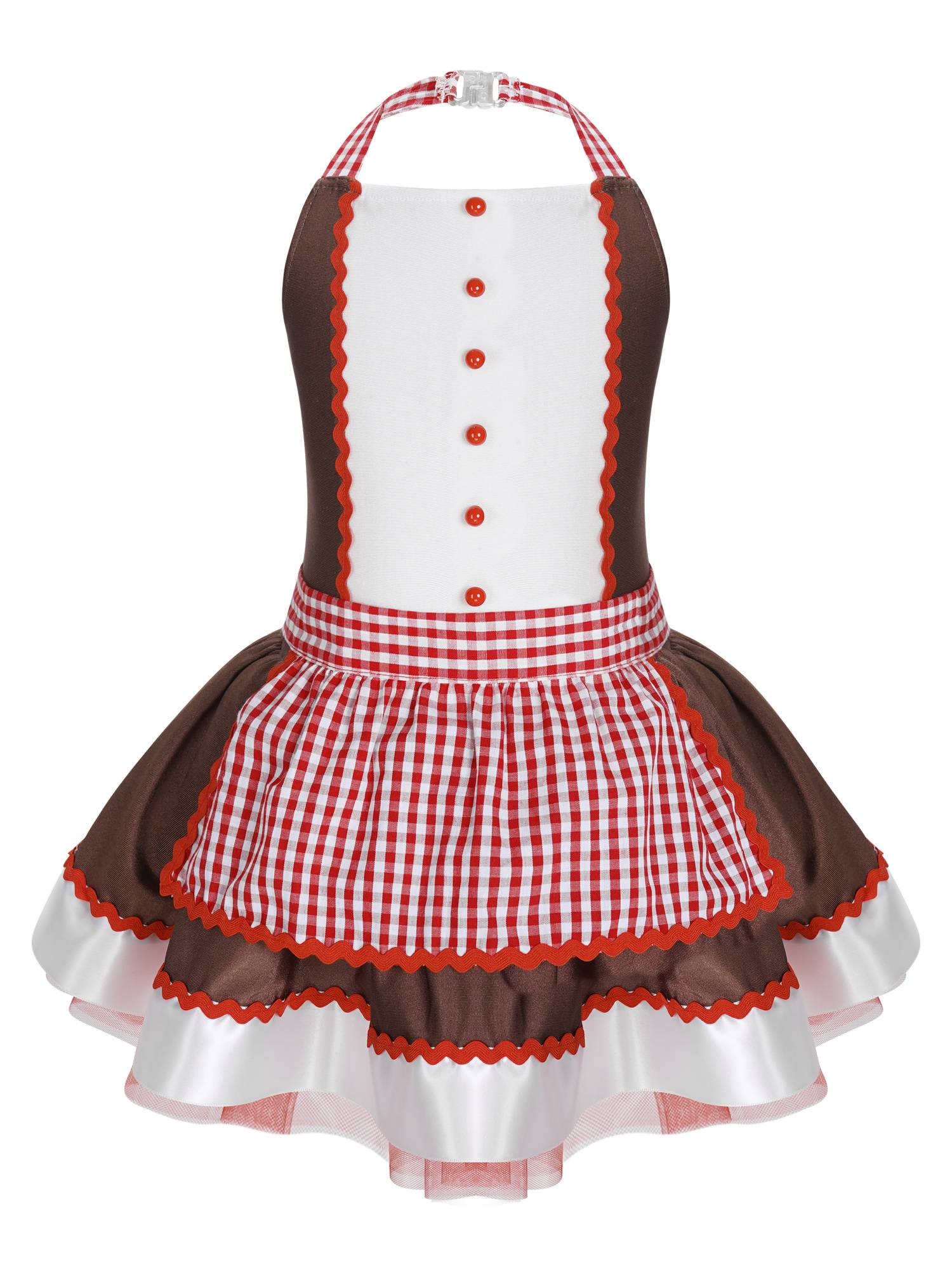 Kids Girls Halter Neck Christmas Gingerbread Dress with Removable Apron