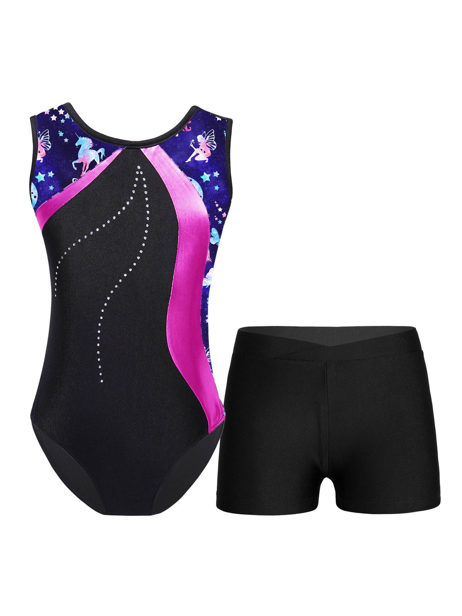 Kids Girls 2pcs Sleeveless Gymnastics Leotard with Shorts Set