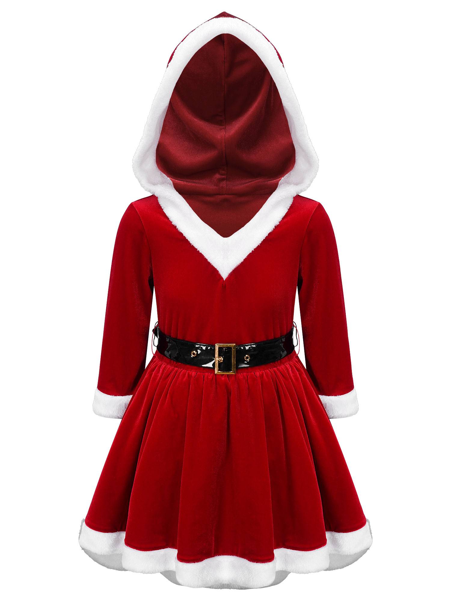 Kids Girls Christmas Long Sleeve Hooded Velvet Dress with Belt