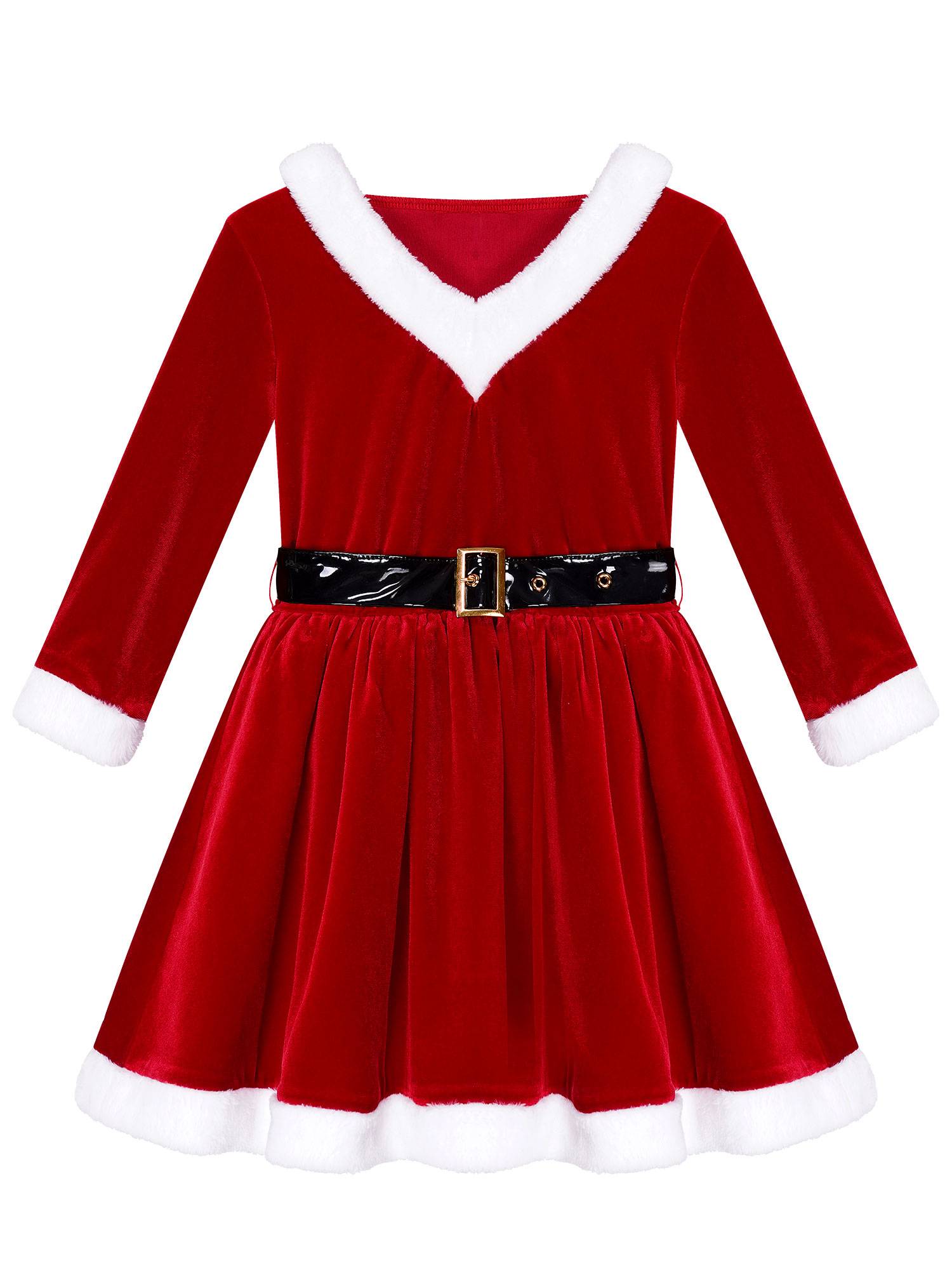 Kids Girls Christmas Long Sleeve Hooded Velvet Dress with Belt