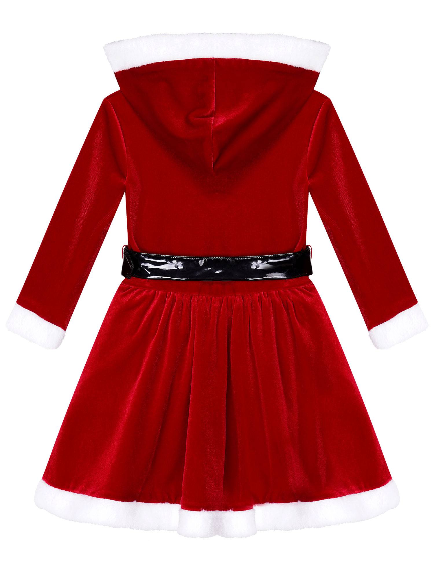 Kids Girls Christmas Long Sleeve Hooded Velvet Dress with Belt