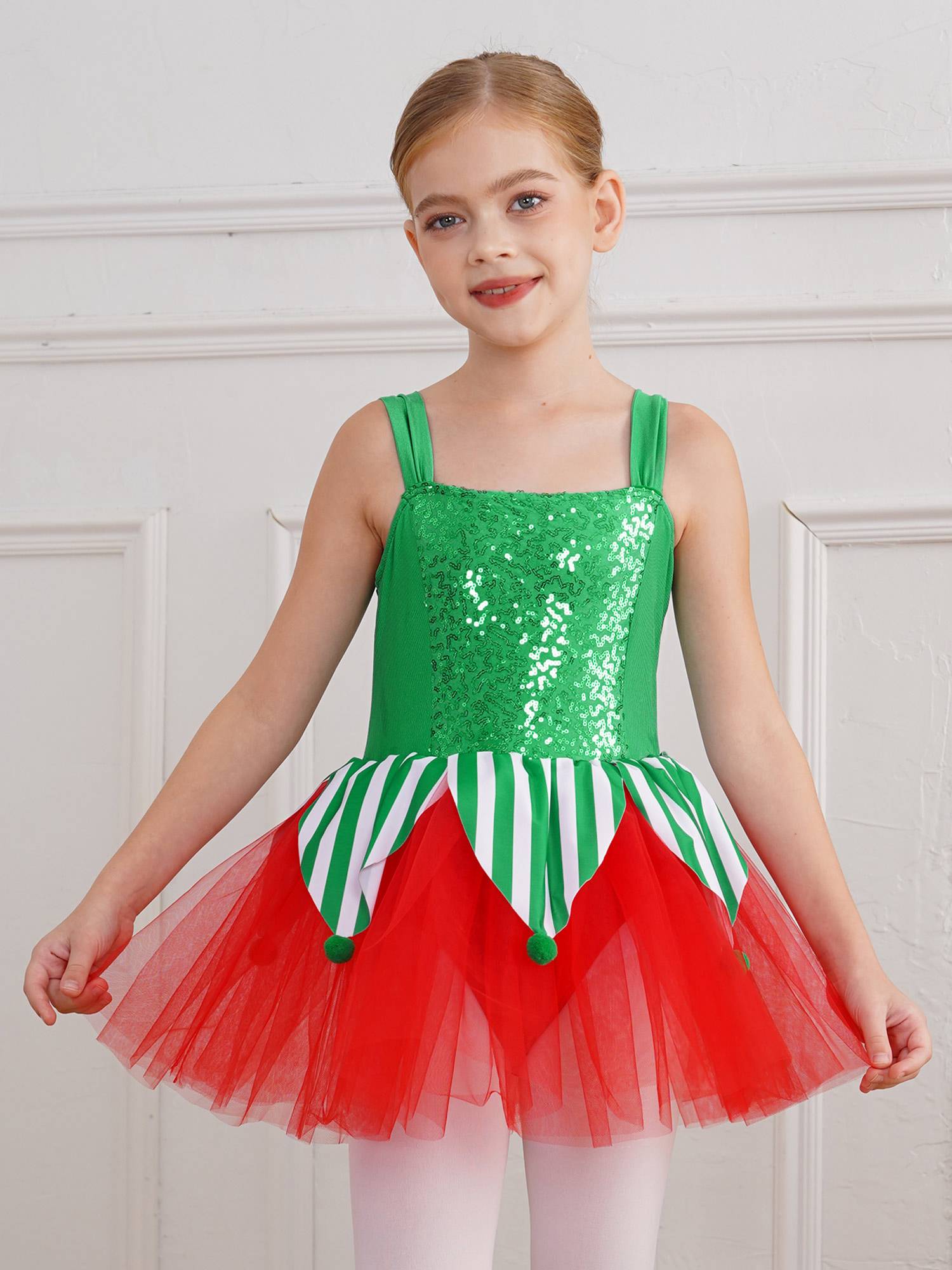 Kids Girls Christmas Sleeveless Jagged Pompoms Tulle Tutu Dress for Dance