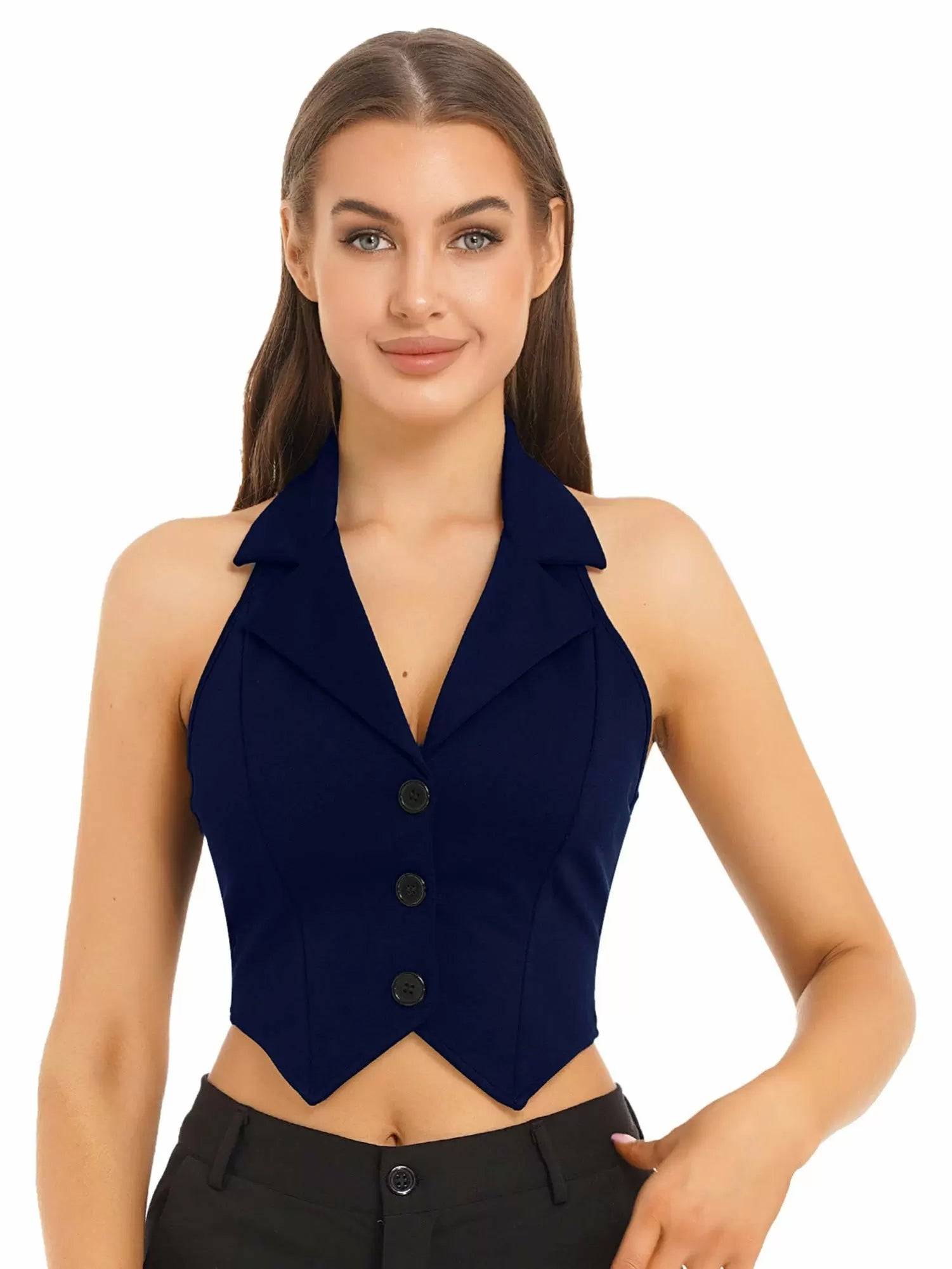 Women Halter Backless Front Button Vest Top