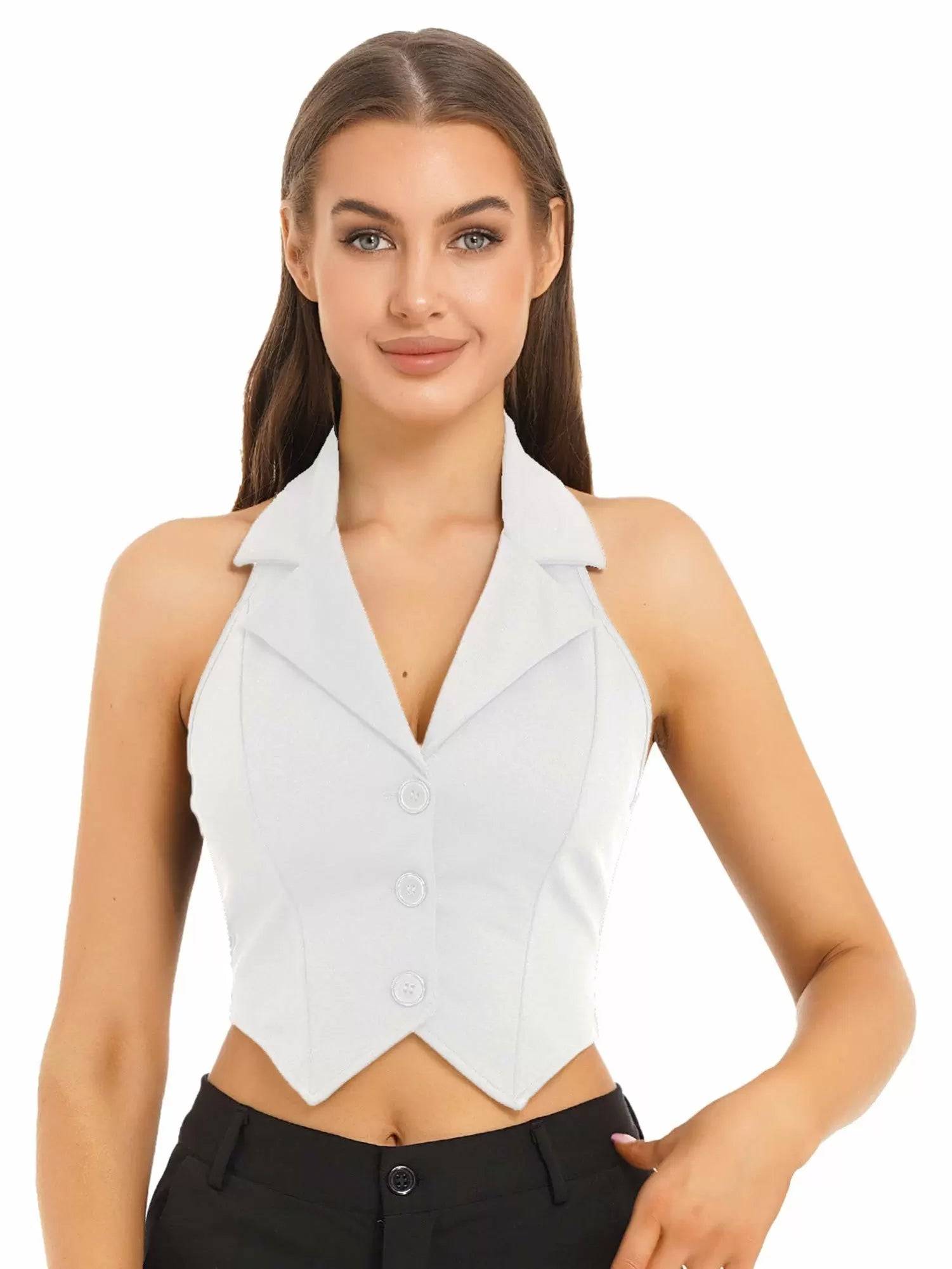Women Halter Backless Front Button Vest Top