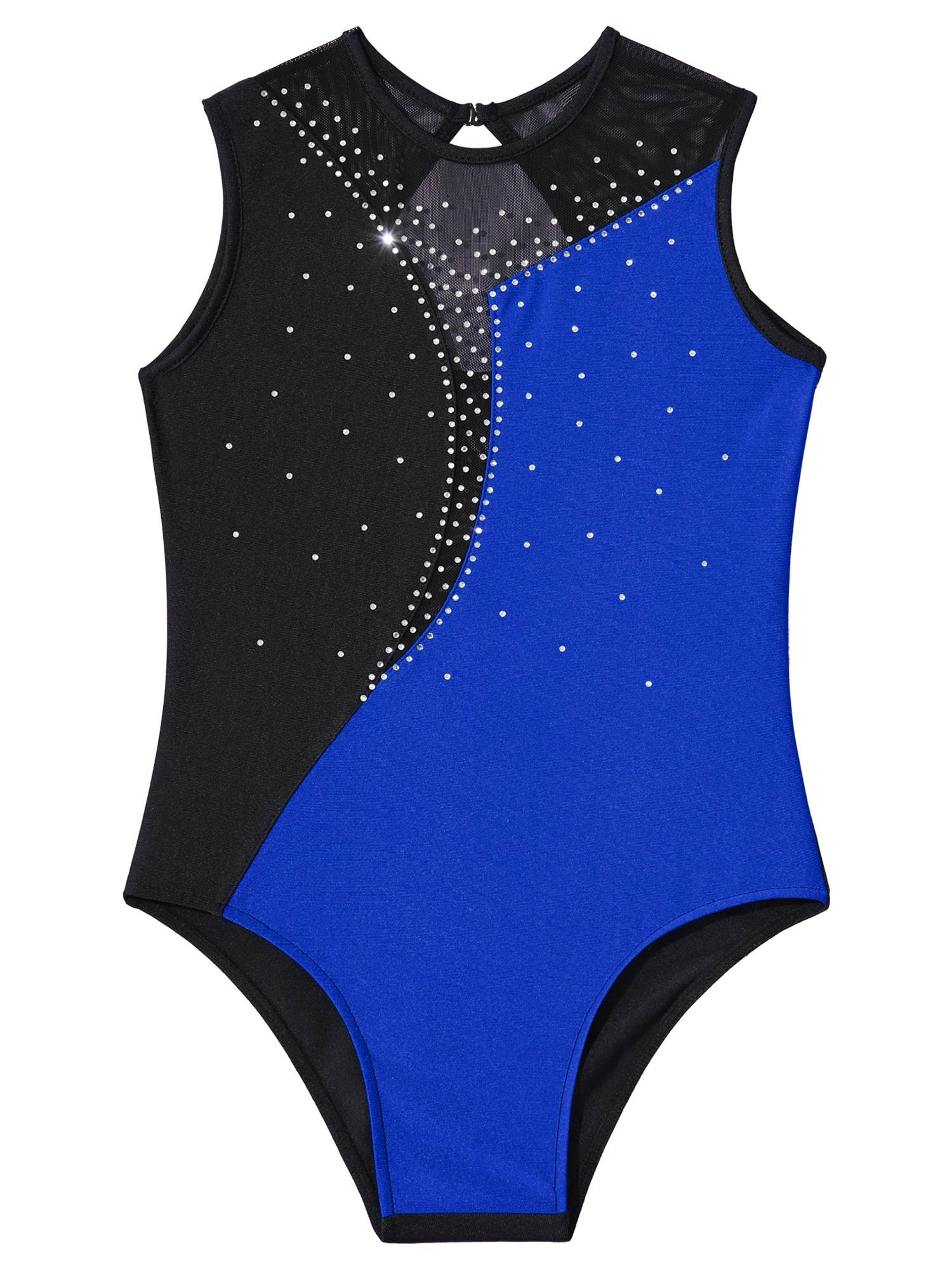 Kids Girls Sleeveless Shiny Rhinestone Skating Dance Leotard