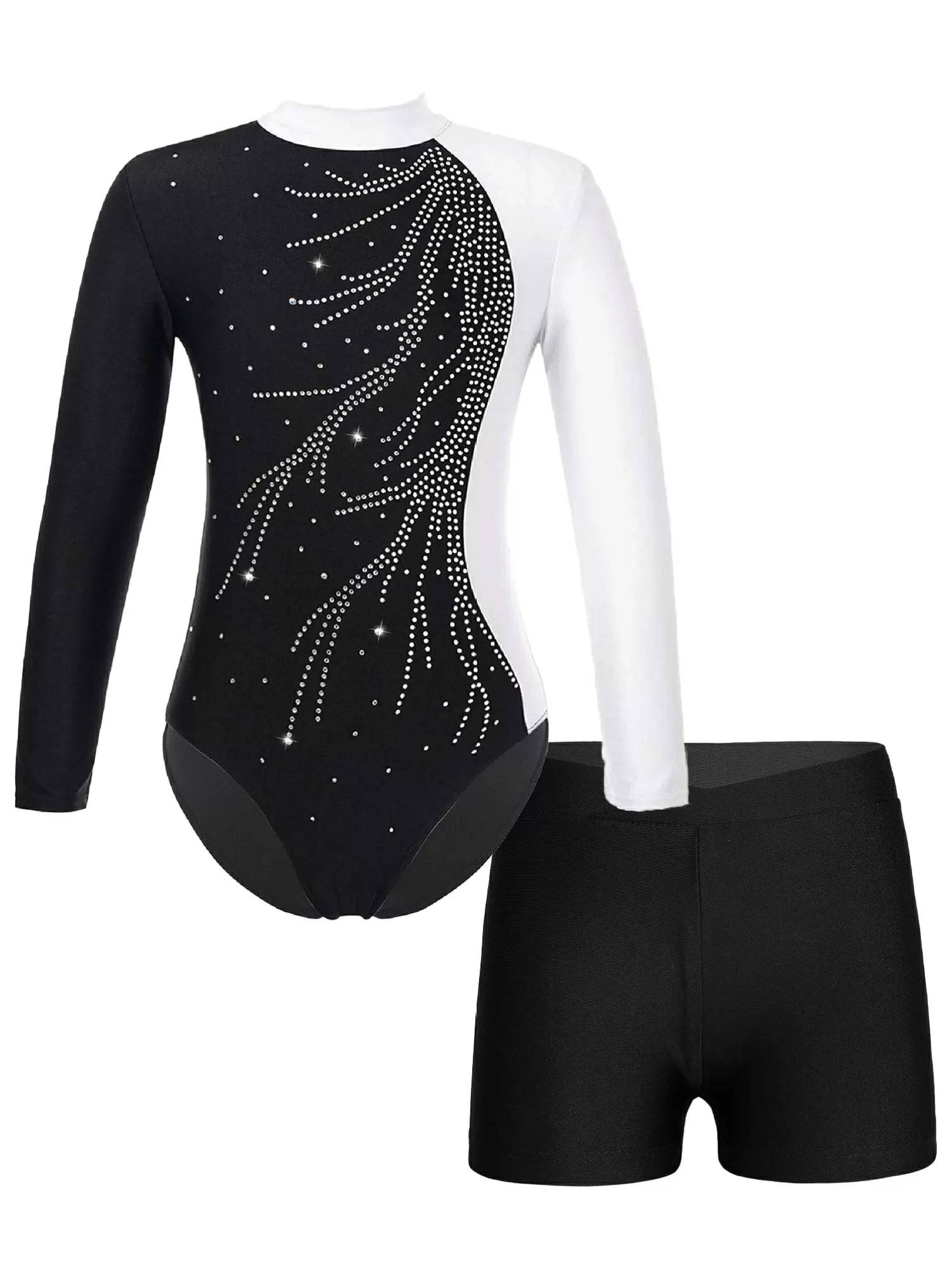 Kids Girls 2Pcs Long Sleeve Skating Leotard and Shorts Set