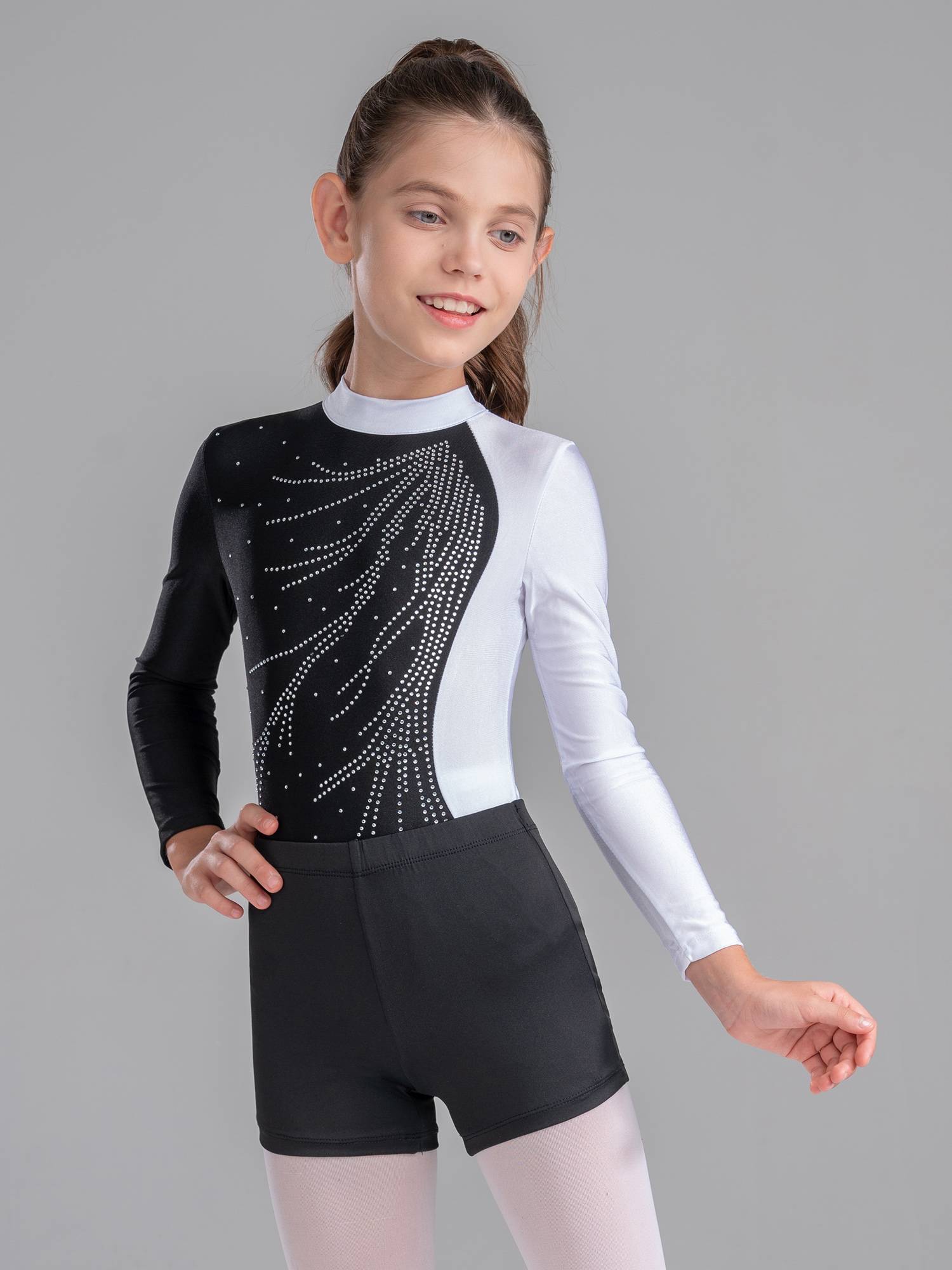 Kids Girls 2Pcs Long Sleeve Skating Leotard and Shorts Set