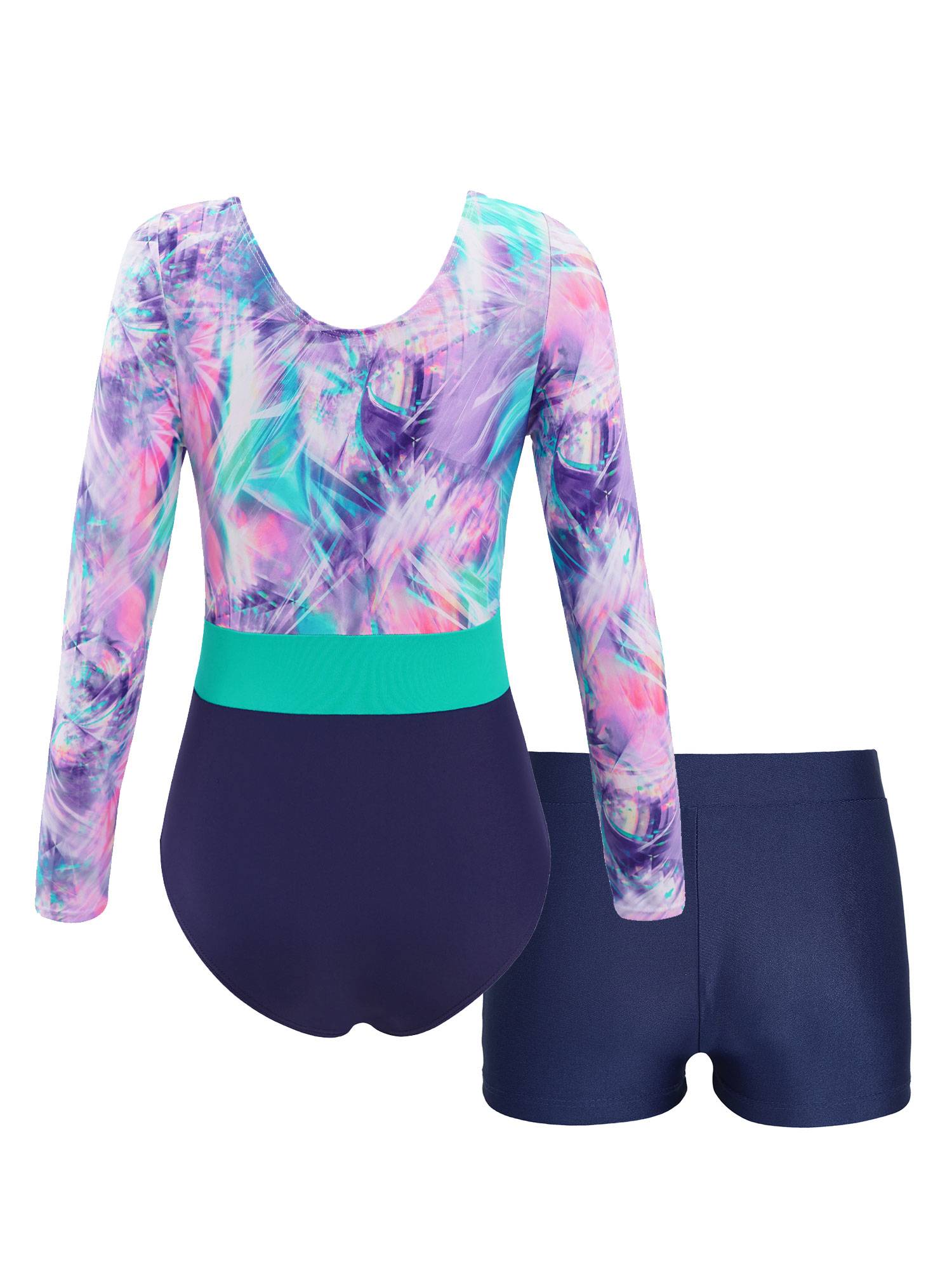 Girls 2pcs Long Sleeve Round Neck Leotard and Shorts Gymnastics Set