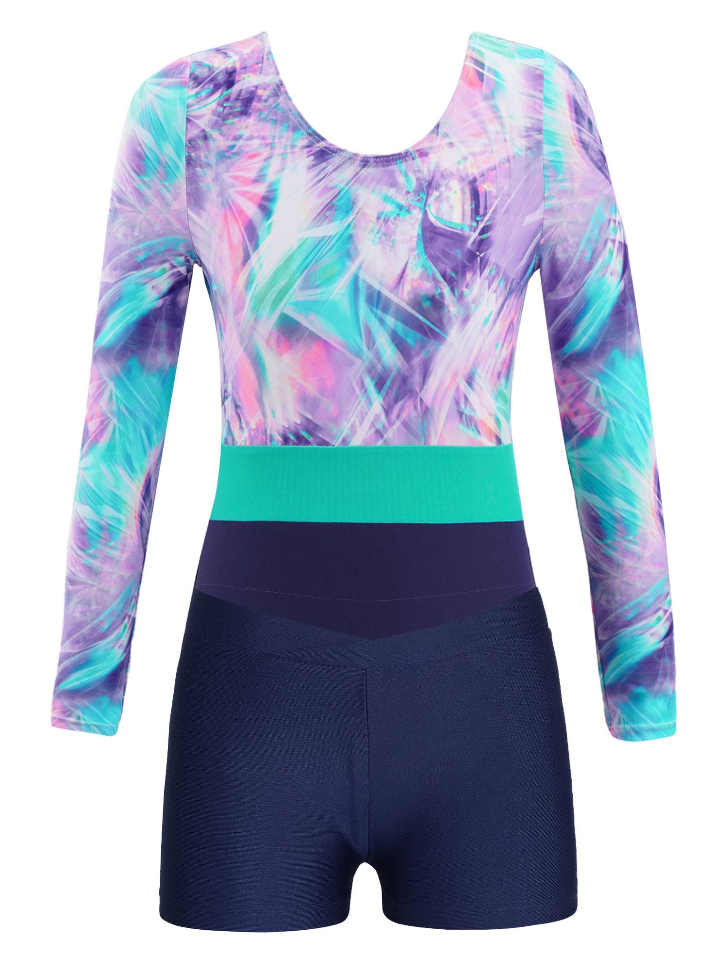 Girls 2pcs Long Sleeve Round Neck Leotard and Shorts Gymnastics Set