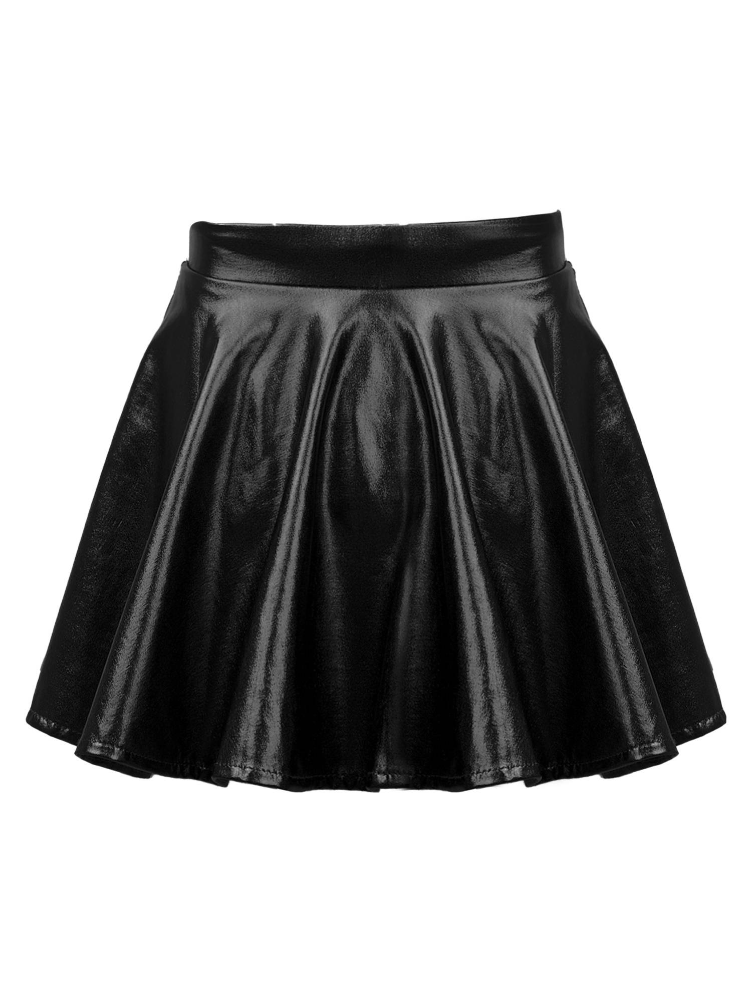 Kids Girls Glossy Metallic Pleated A-Line Skirt Jazz Dance Skirt