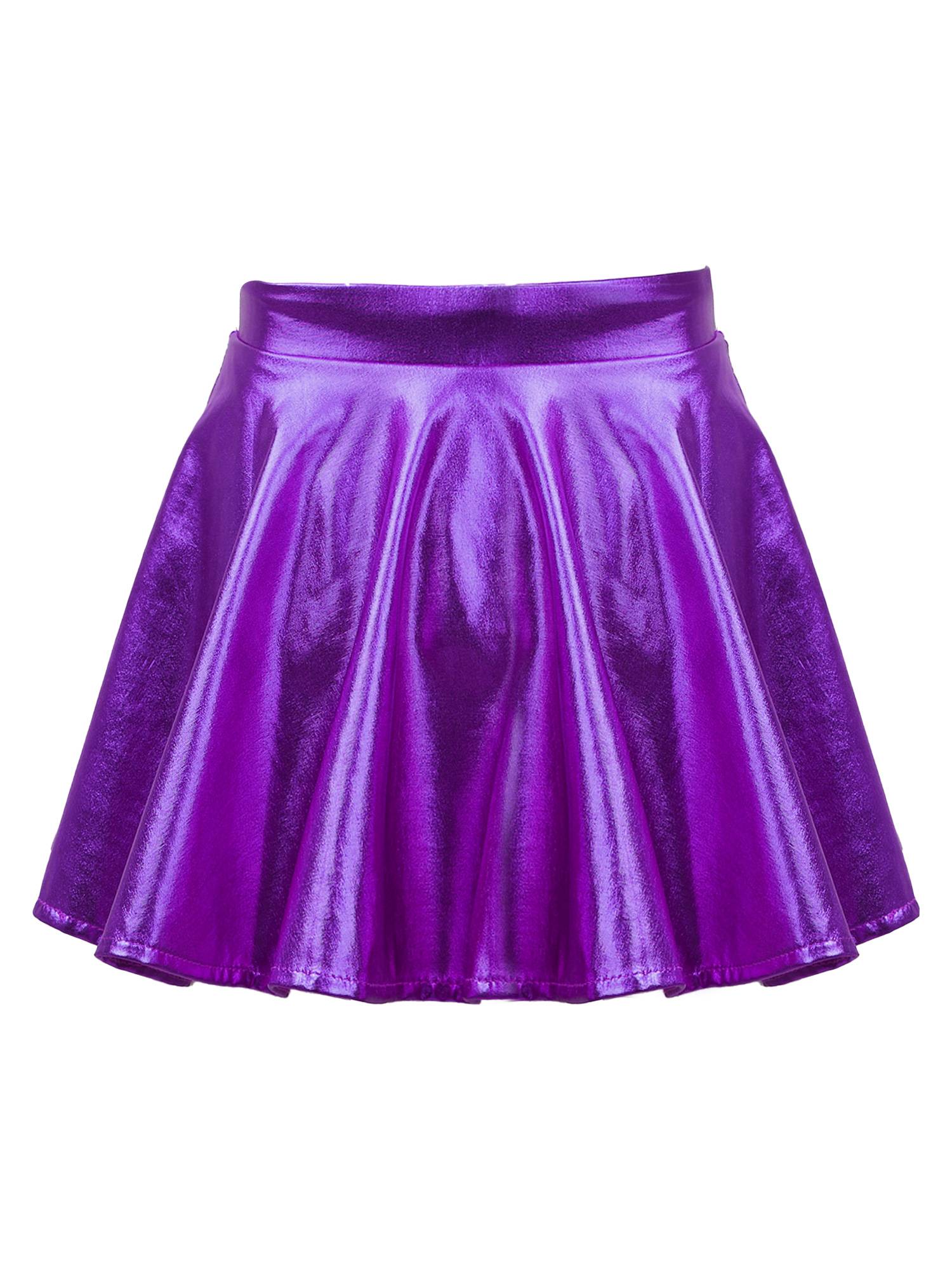 Kids Girls Glossy Metallic Pleated A-Line Skirt Jazz Dance Skirt