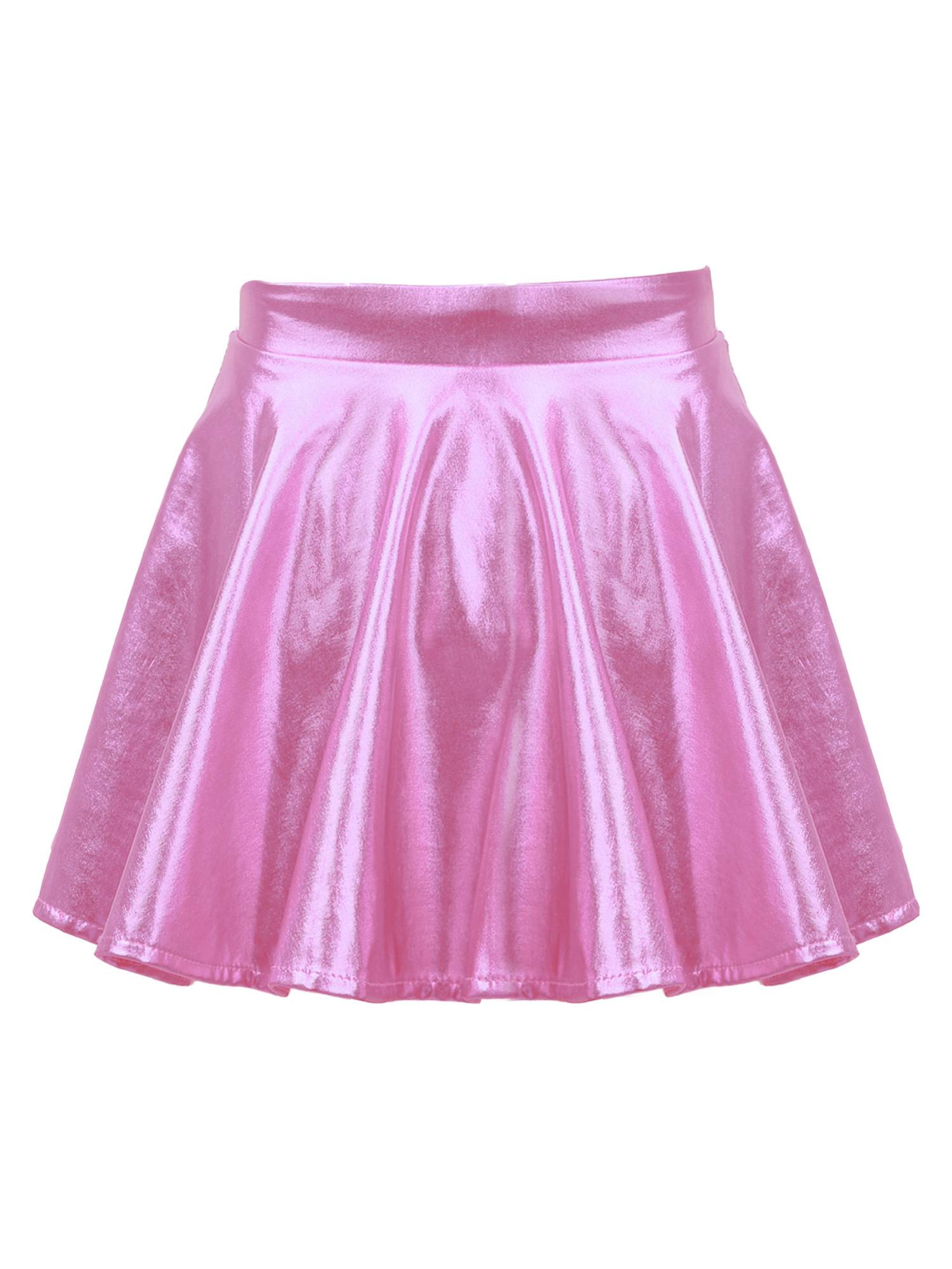 Kids Girls Glossy Metallic Pleated A-Line Skirt Jazz Dance Skirt