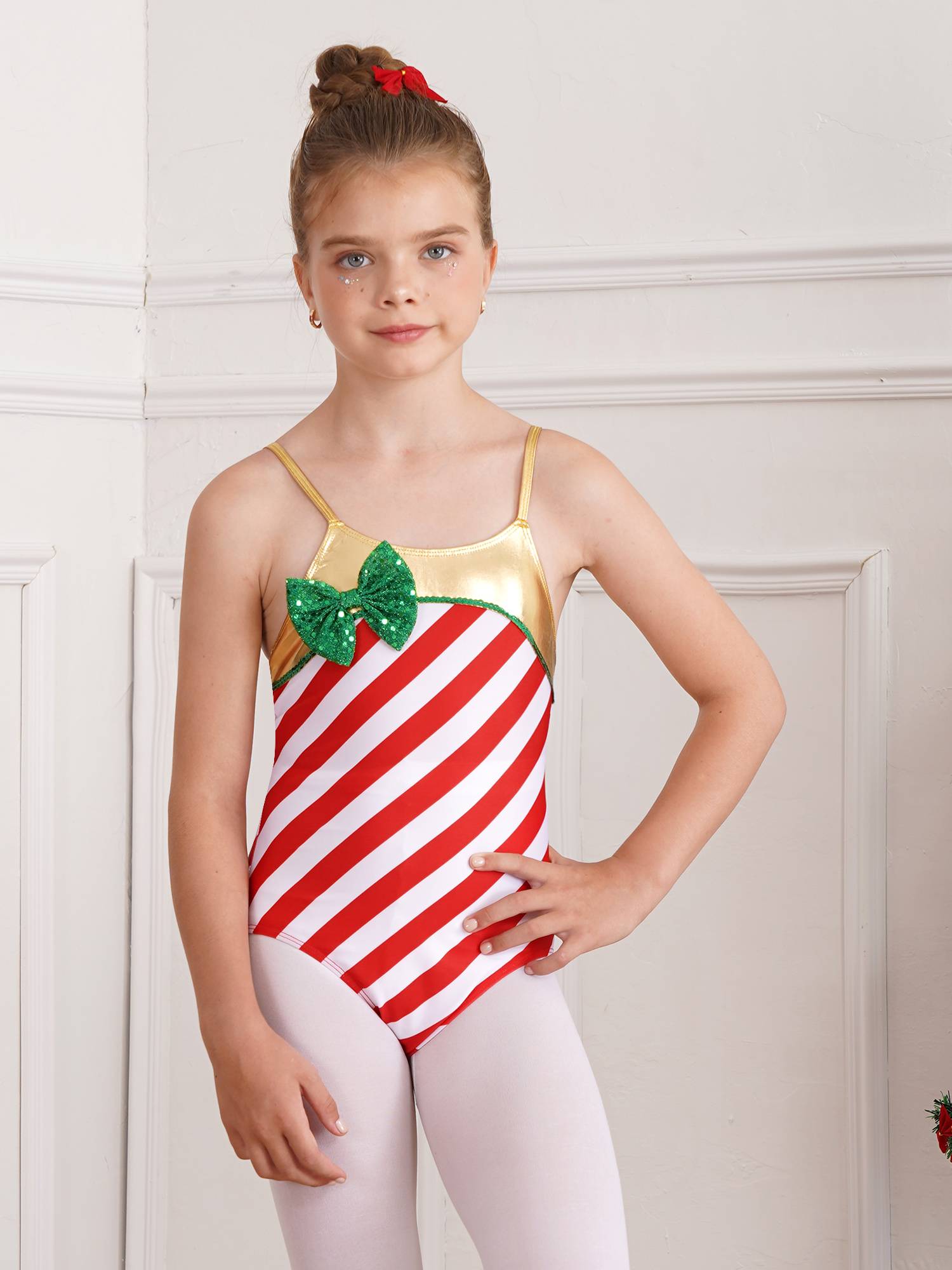 Kids Girls Christmas Straps Stripes Sequins Bowknot Bodysuit