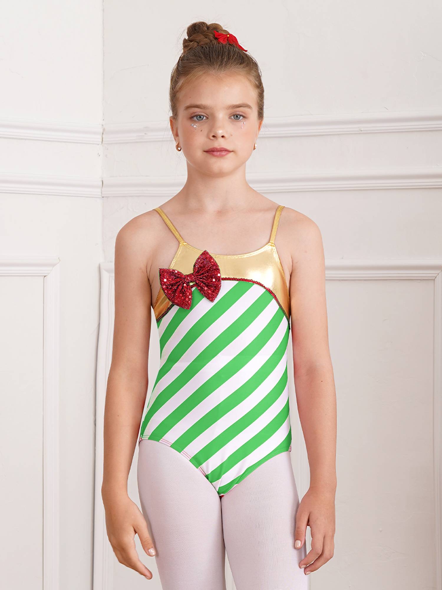 Kids Girls Christmas Straps Stripes Sequins Bowknot Bodysuit