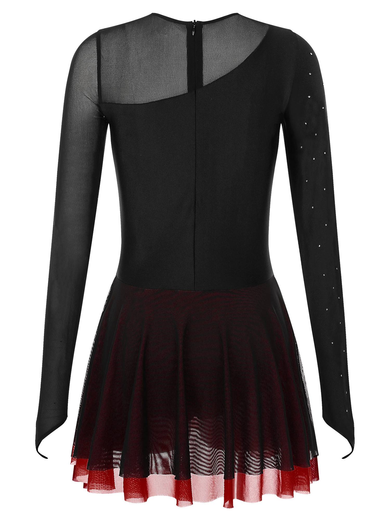 Women Glitter Rhinestone Long Sleeve Skating Dress