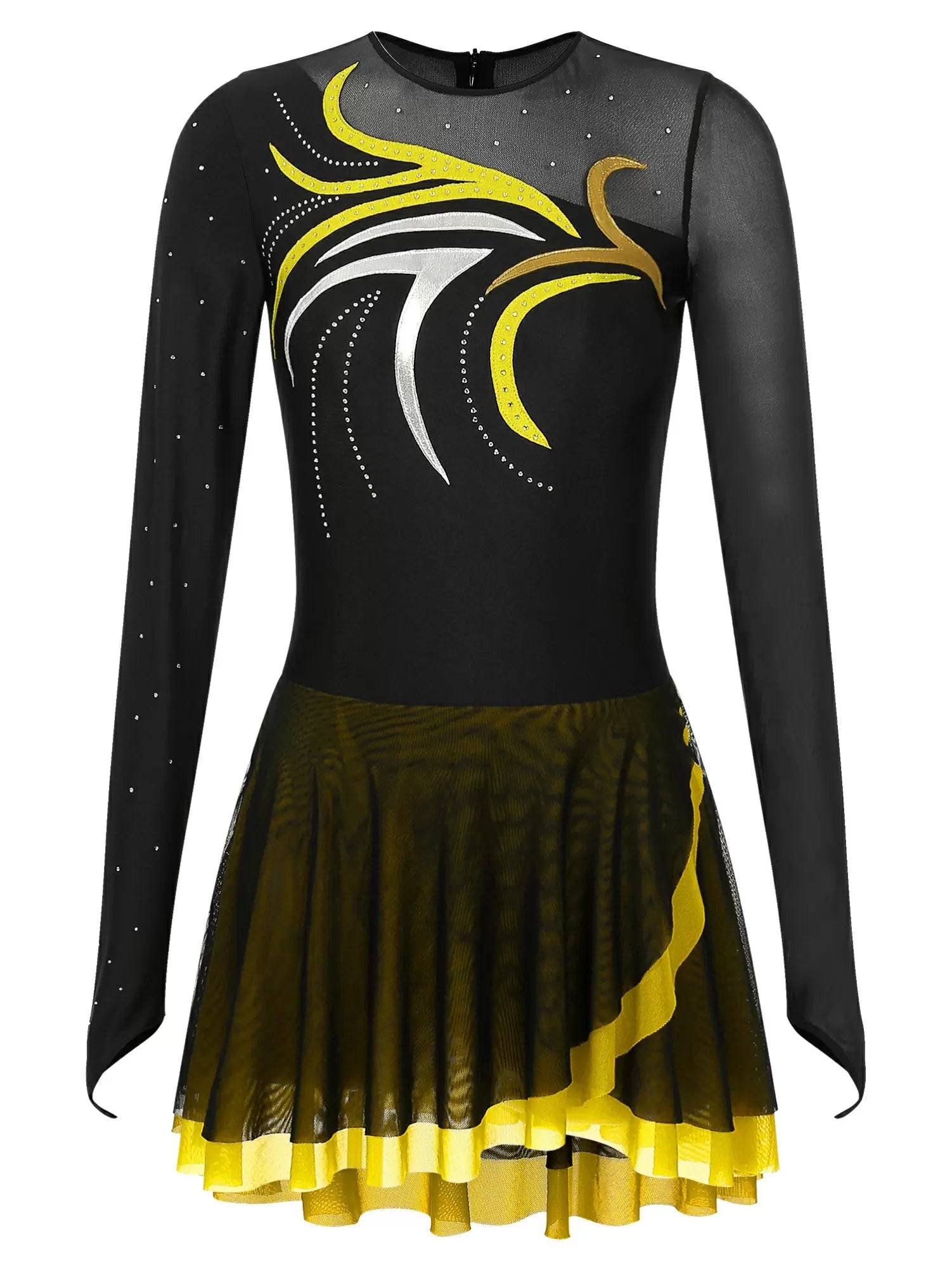 Women Glitter Rhinestone Long Sleeve Skating Dress