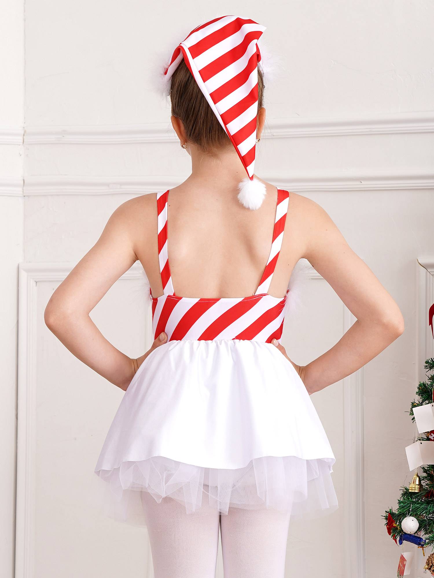 Kids Girls Christmas Feather Striped Sleeveless Tulle Dress with Santa Hat